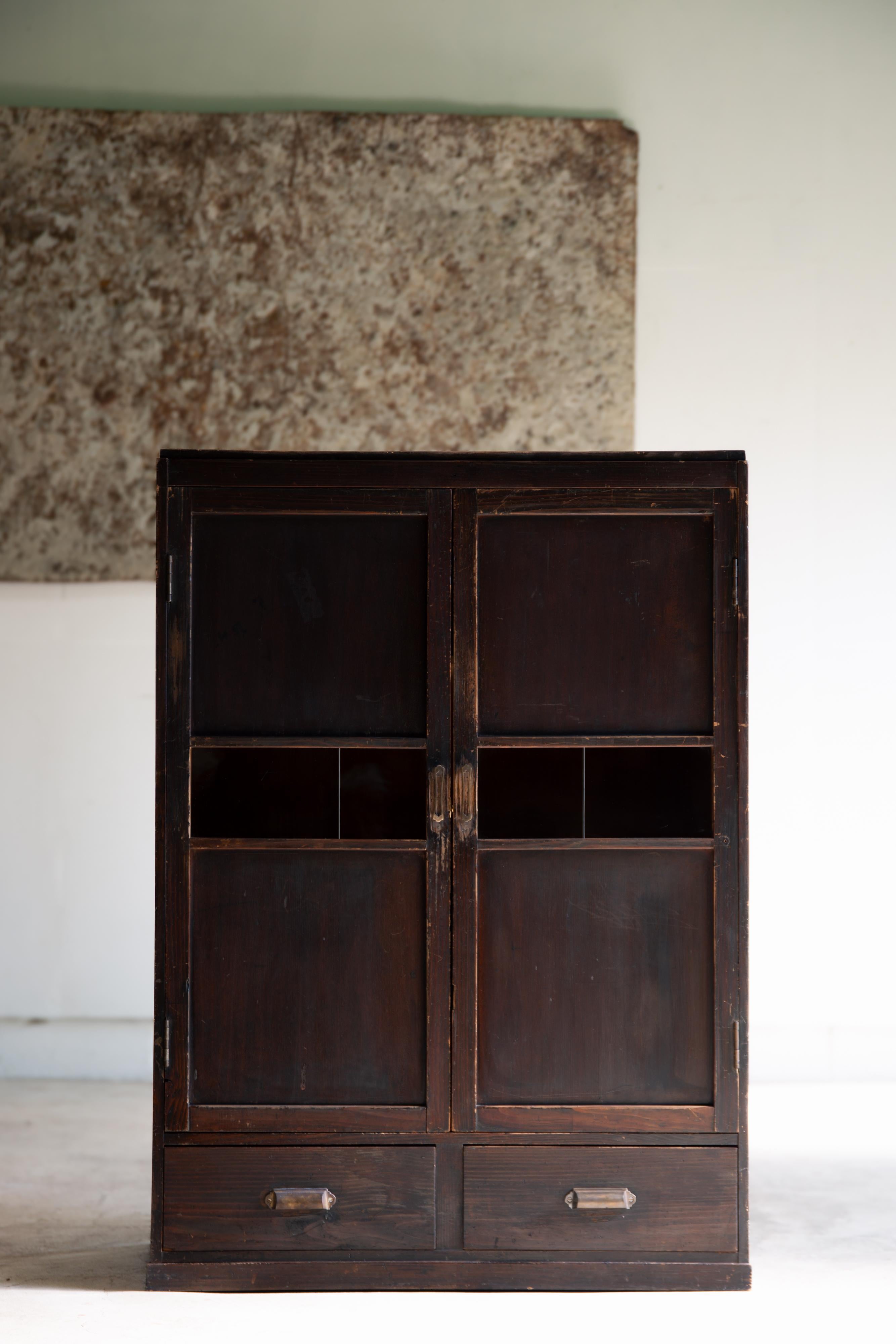 Showa 1930s - 1940s Japanese antique mid-size closet with drawers, wabi sabi organic For Sale