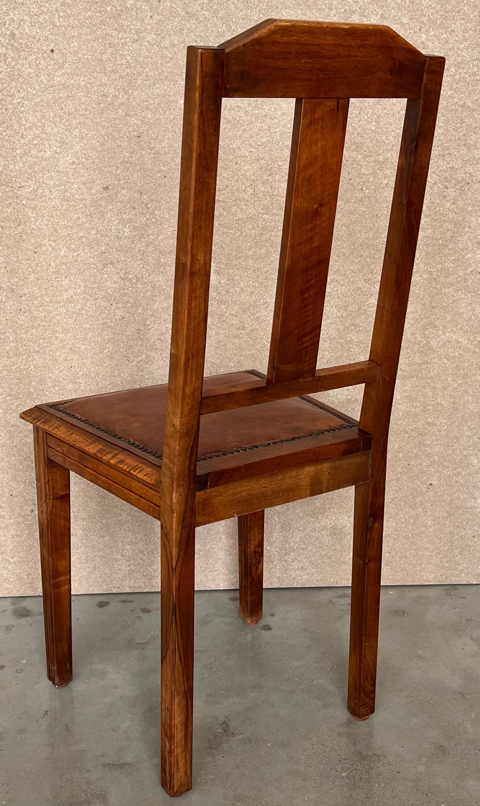 Leather 1930s 40s Modernist Set of Six French Art Deco Oak Dining Chairs Charles Dudouyt For Sale