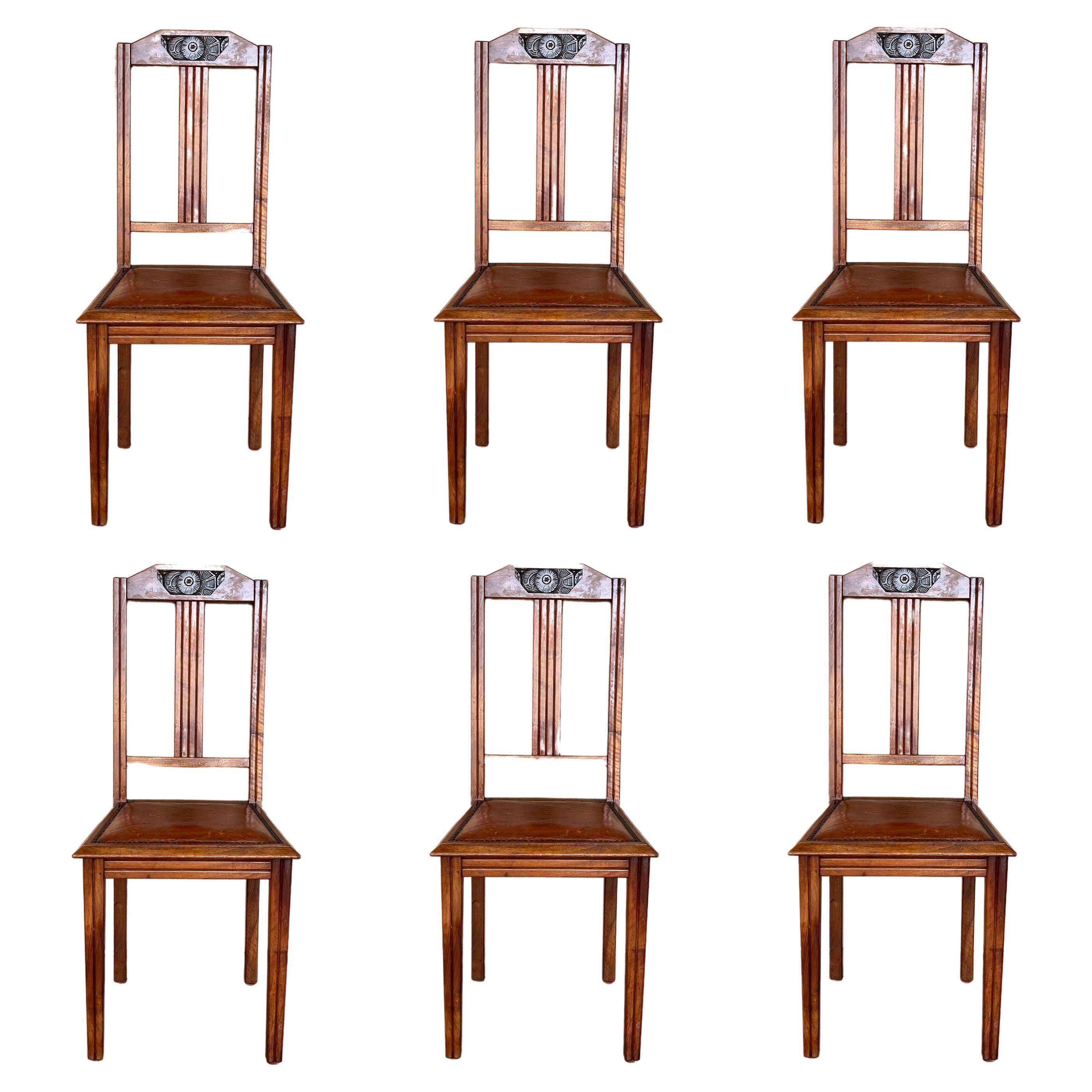 1930s 40s Modernist Set of Six French Art Deco Oak Dining Chairs Charles Dudouyt For Sale