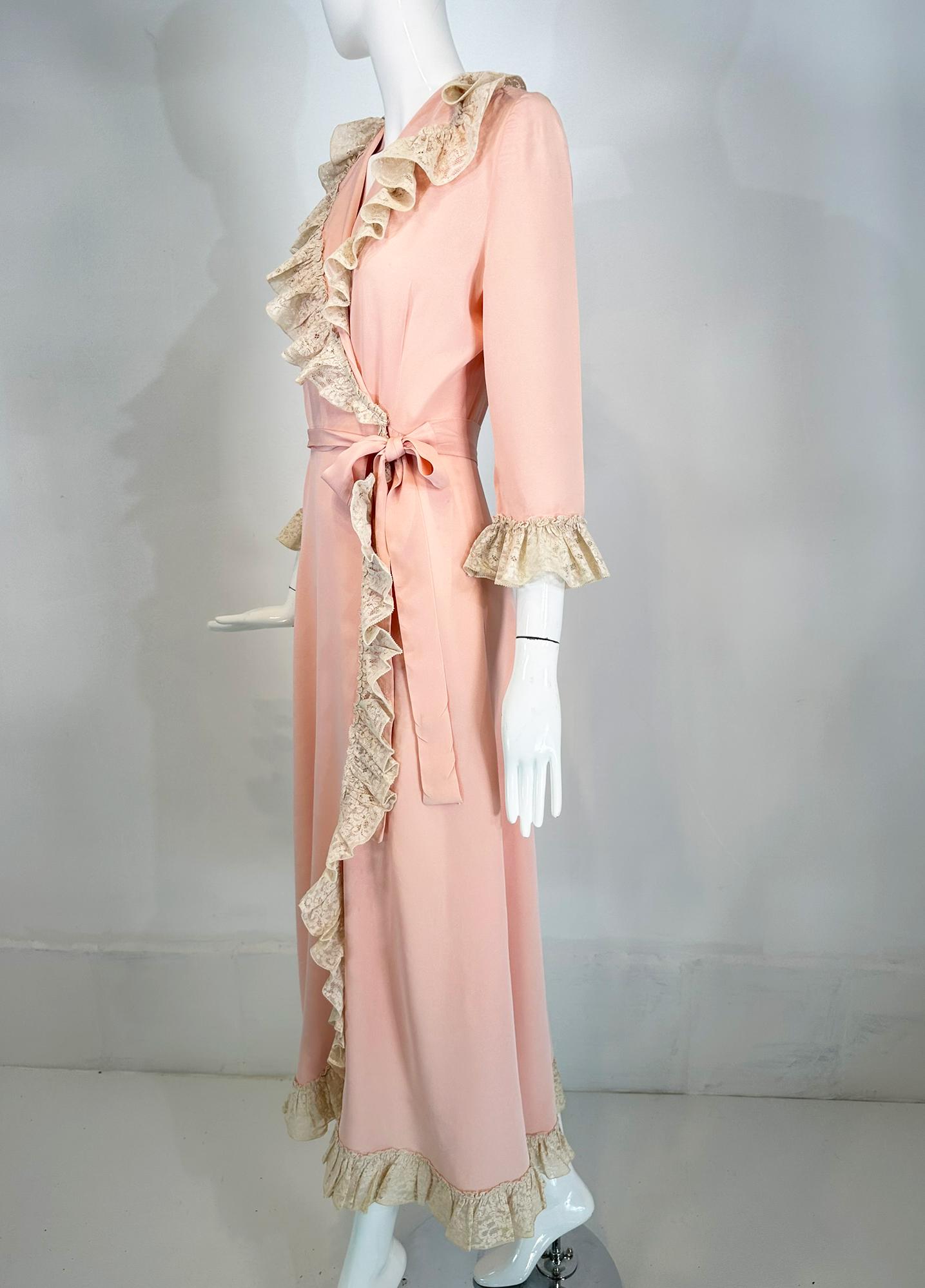 Women's 1930s-40s Pink Rayon Cream Lace Trimmed Wrap & Tie Robe For Sale