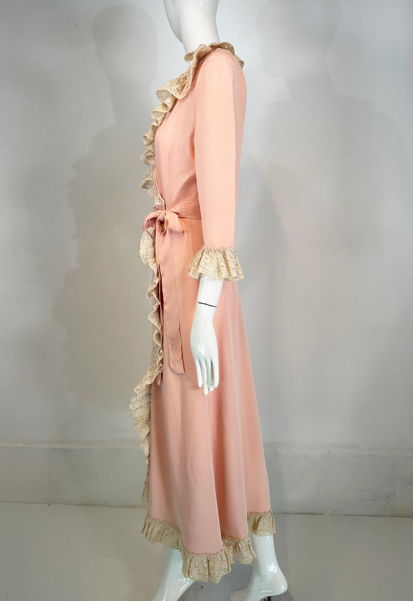 Women's 1930s-40s Pink Rayon Cream Lace Trimmed Wrap & Tie Robe For Sale