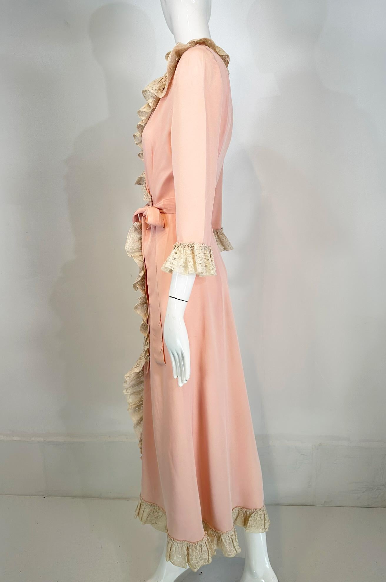 1930s-40s Pink Rayon Cream Lace Trimmed Wrap & Tie Robe For Sale 1