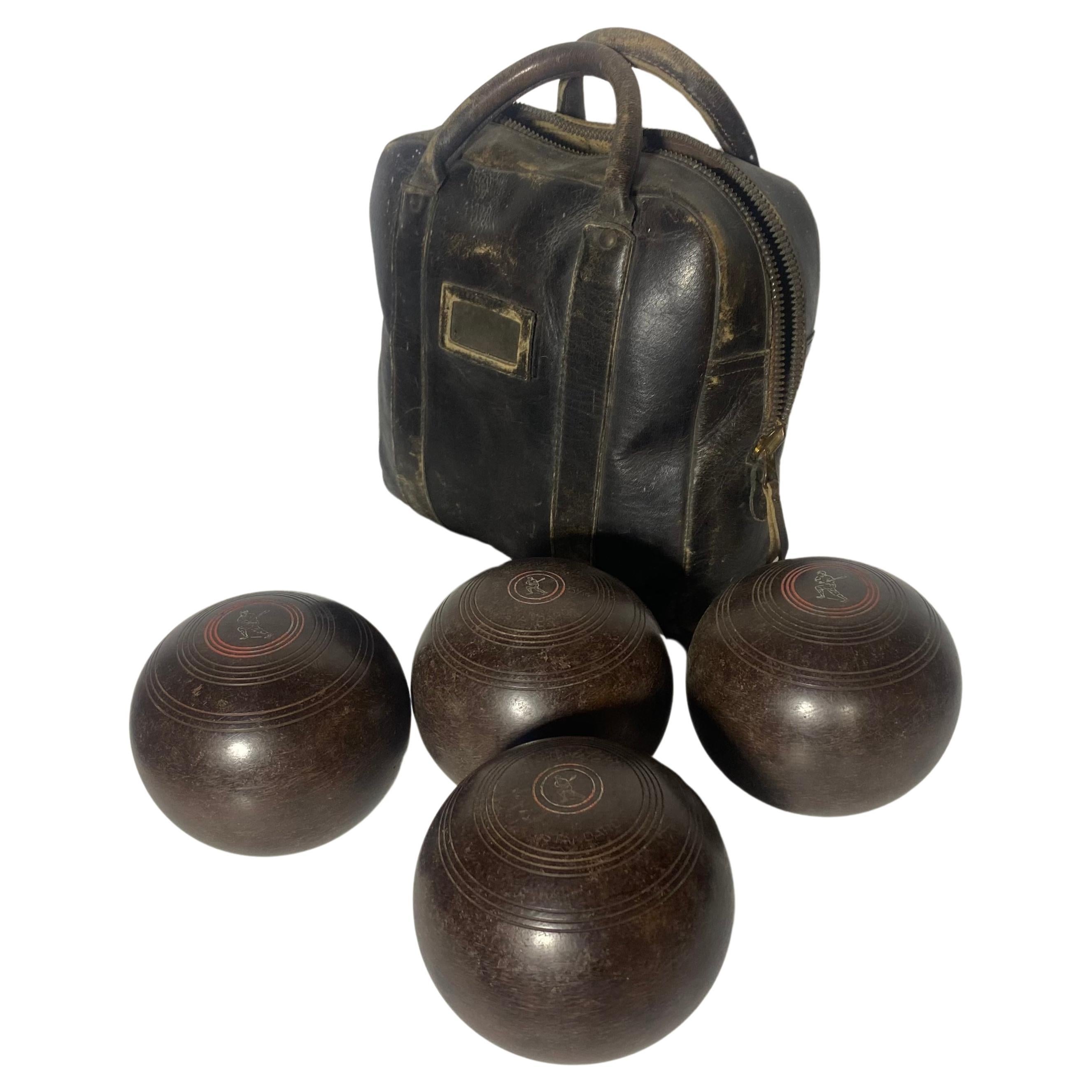 1930s /40s W.D. Hensell & Sons Bocci (Lawn) Balls with original leather bag For Sale