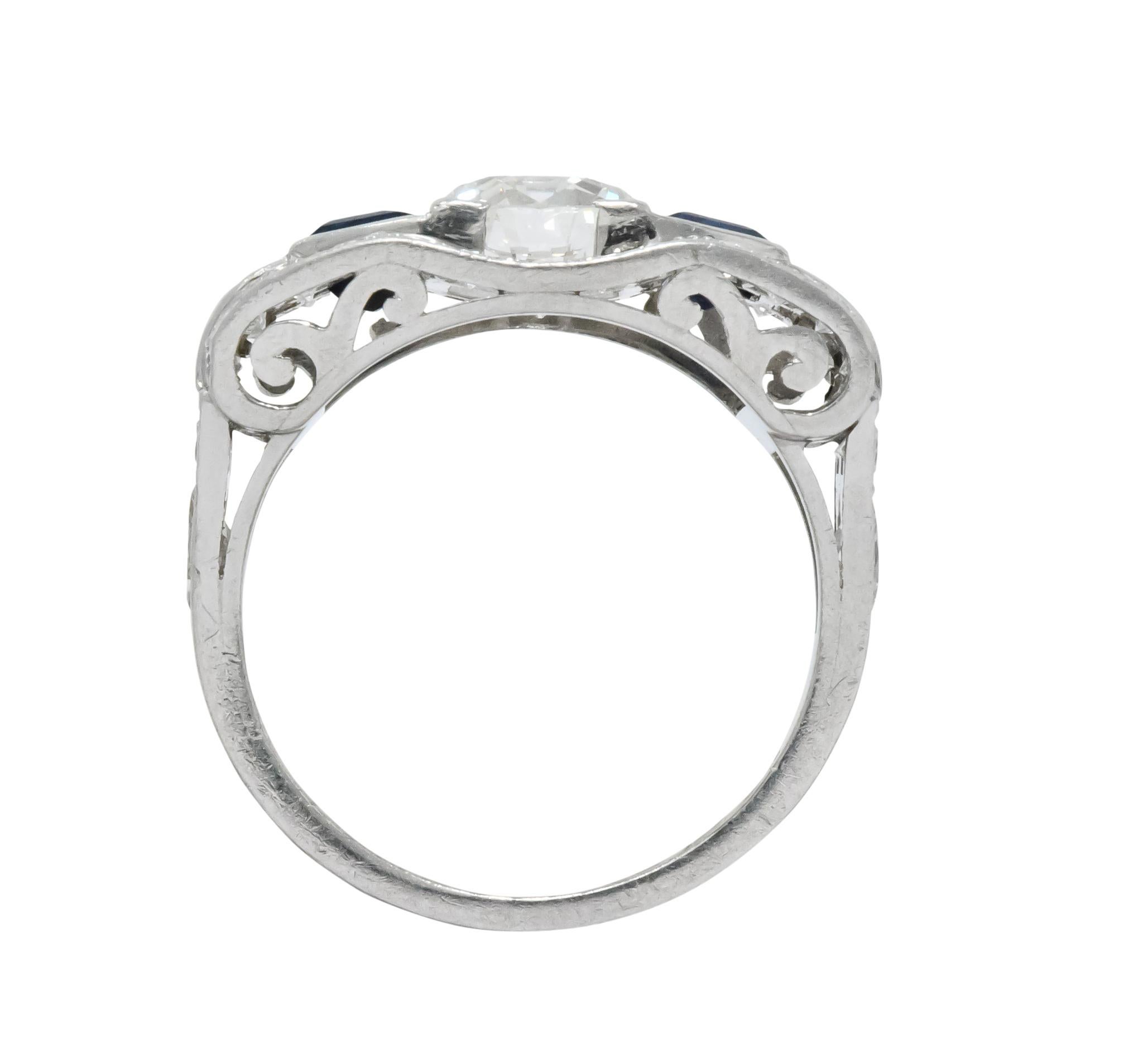 Round Cut 1930s 4.20 Carat Diamond Sapphire Art Deco Platinum Ring