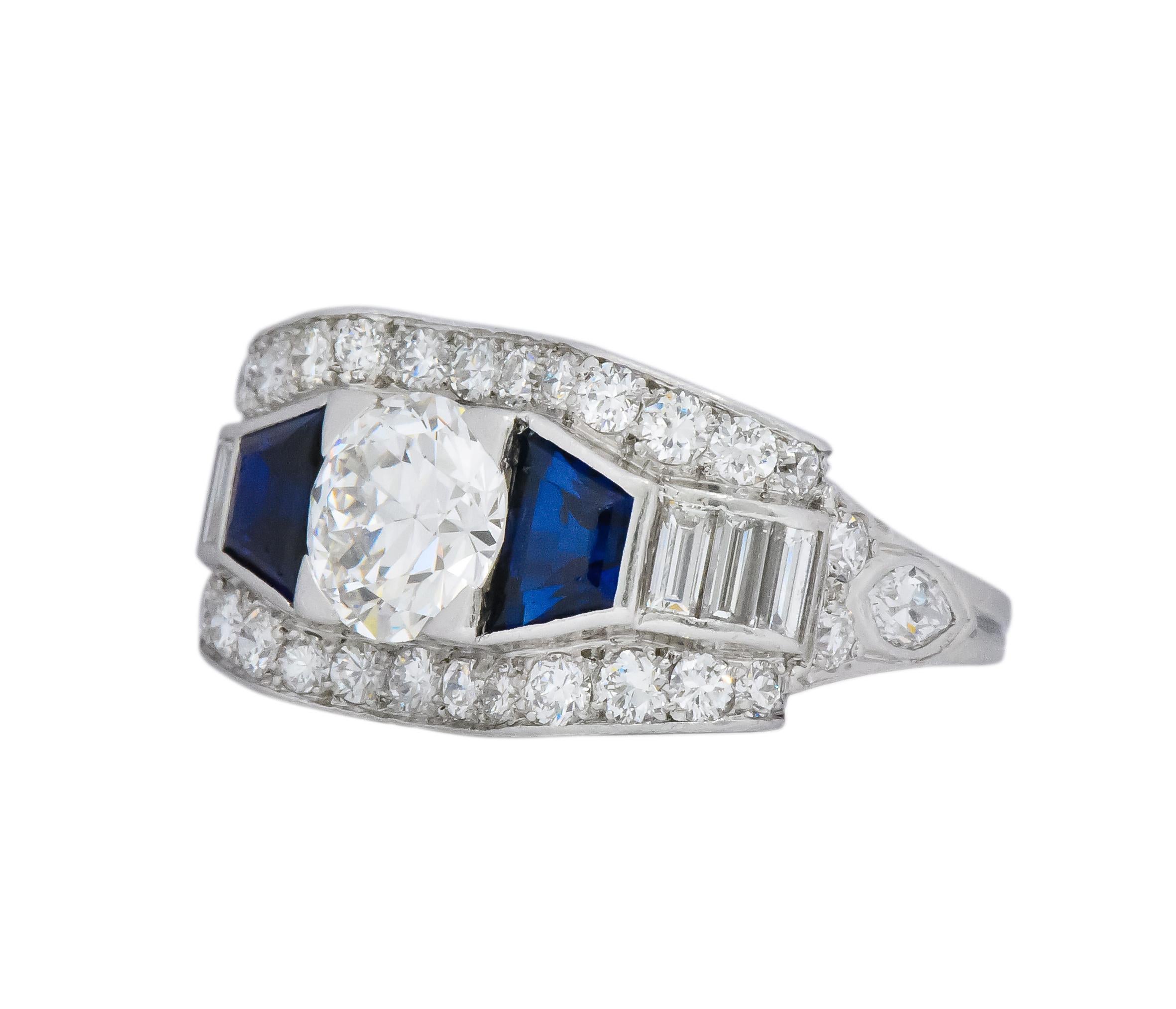 1930s 4.20 Carat Diamond Sapphire Art Deco Platinum Ring In Excellent Condition In Philadelphia, PA