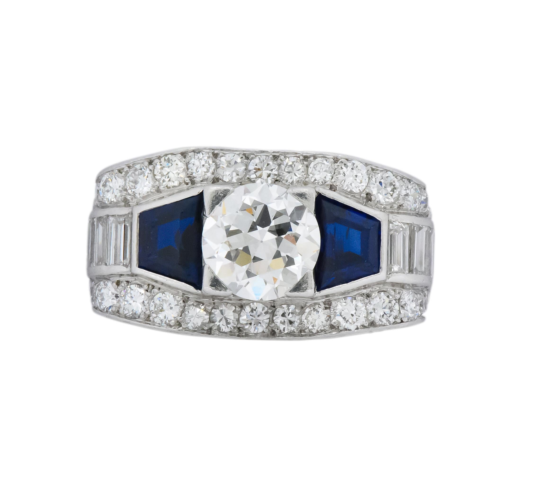 Women's or Men's 1930s 4.20 Carat Diamond Sapphire Art Deco Platinum Ring