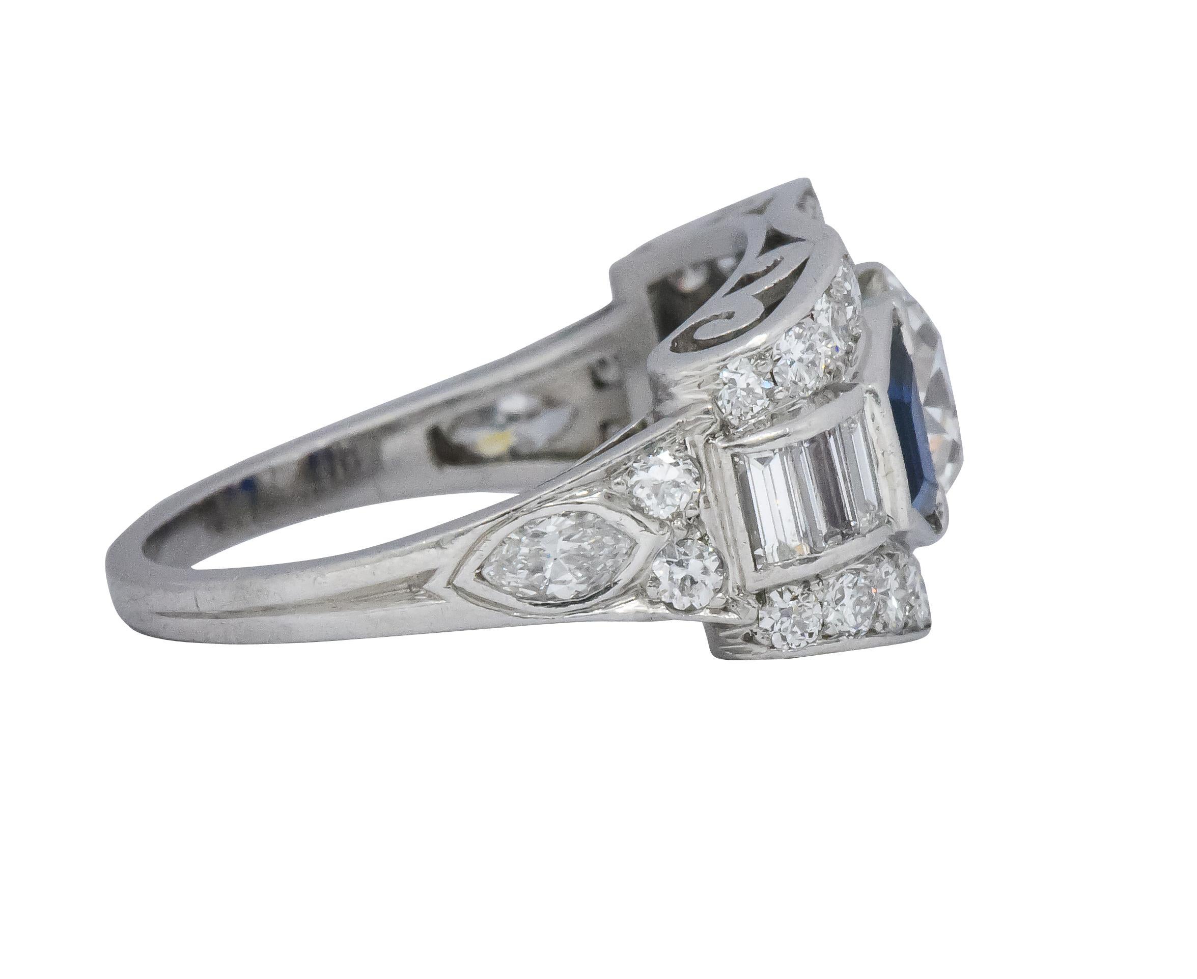 1930s 4.20 Carat Diamond Sapphire Art Deco Platinum Ring 2