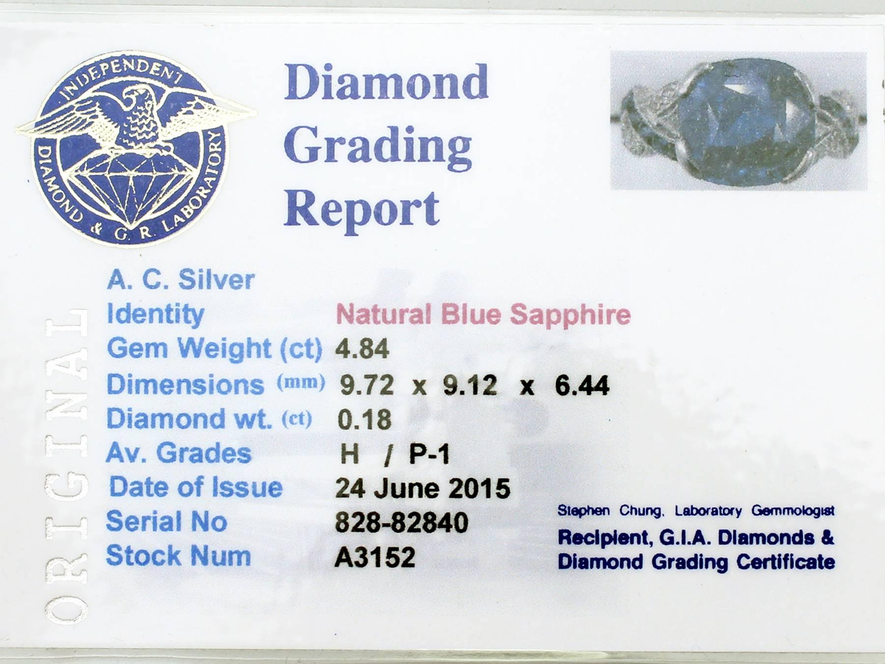 1930s 4.84 Carat Blue Sapphire and Diamond Platinum Cocktail Ring 5