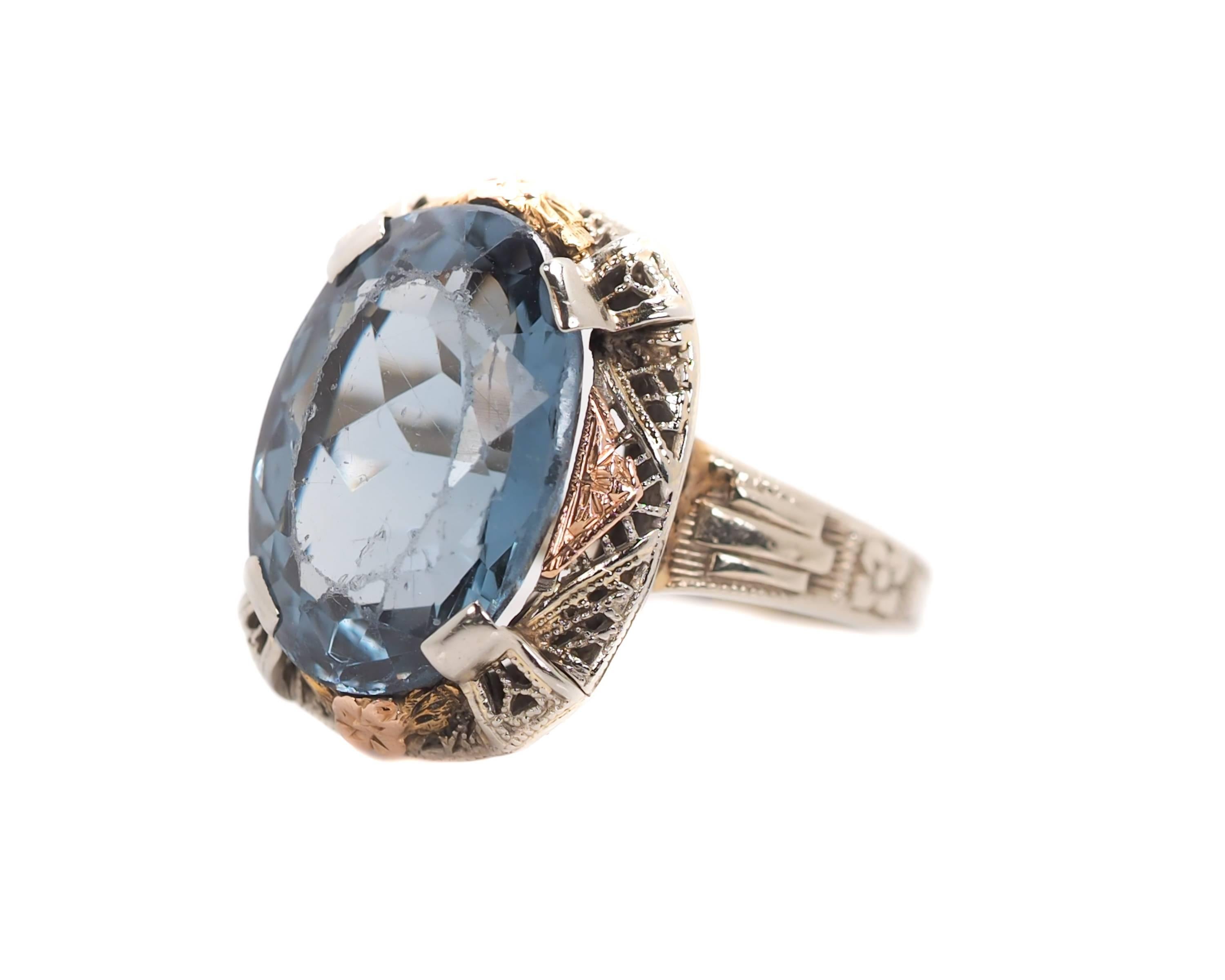 Art Deco 1930s 5 Carat Blue Topaz and 14 Karat Tri-Color Gold Filigree Ring
