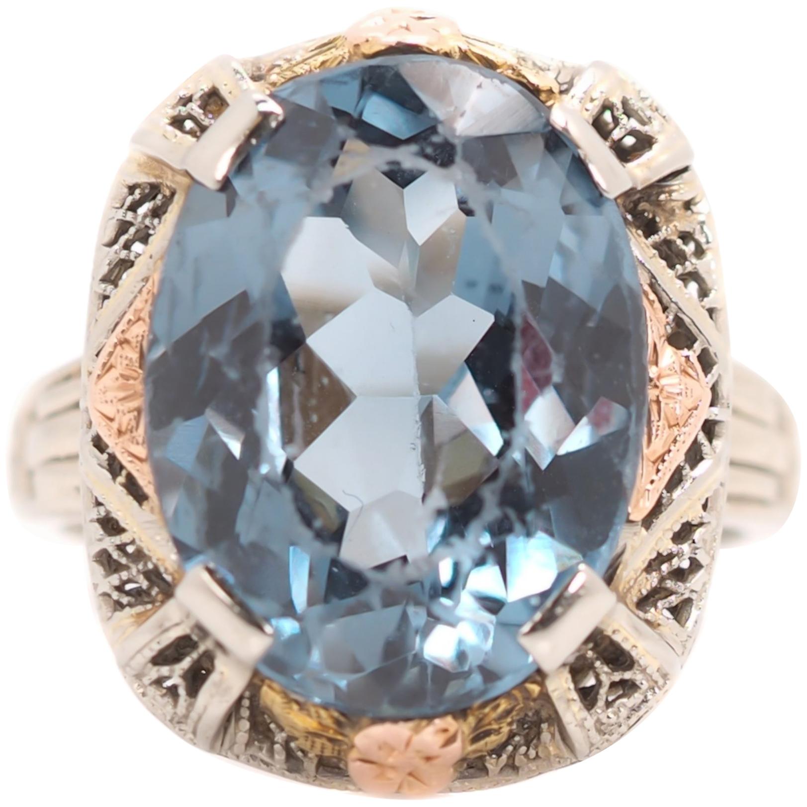 1930s 5 Carat Blue Topaz and 14 Karat Tri-Color Gold Filigree Ring