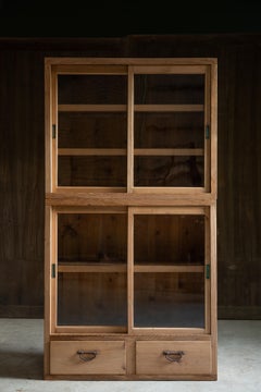 1930s - 50s Japanese antique 2 tier glass cabinet w/ drawers, organic Wabi sabi
