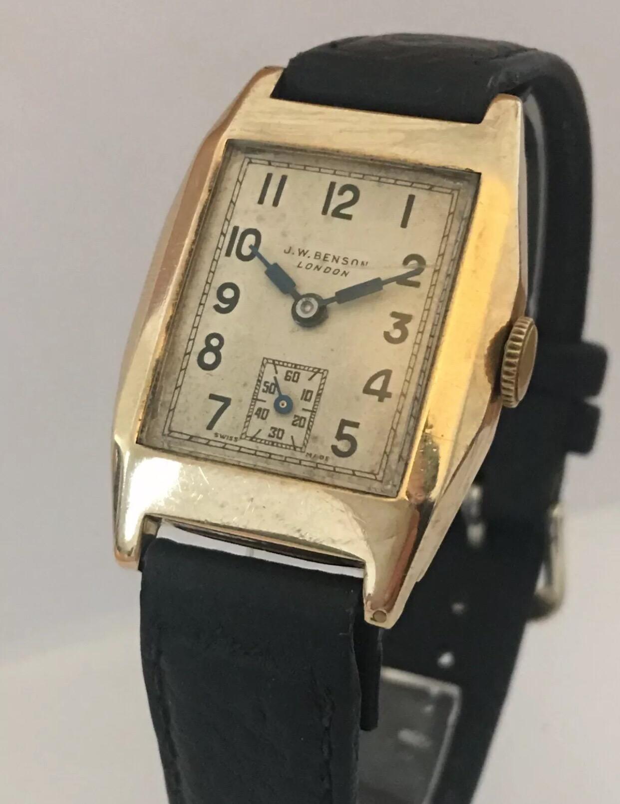 1930s 9K Gold Rectangular Vintage J. W. Benson London Watch 5