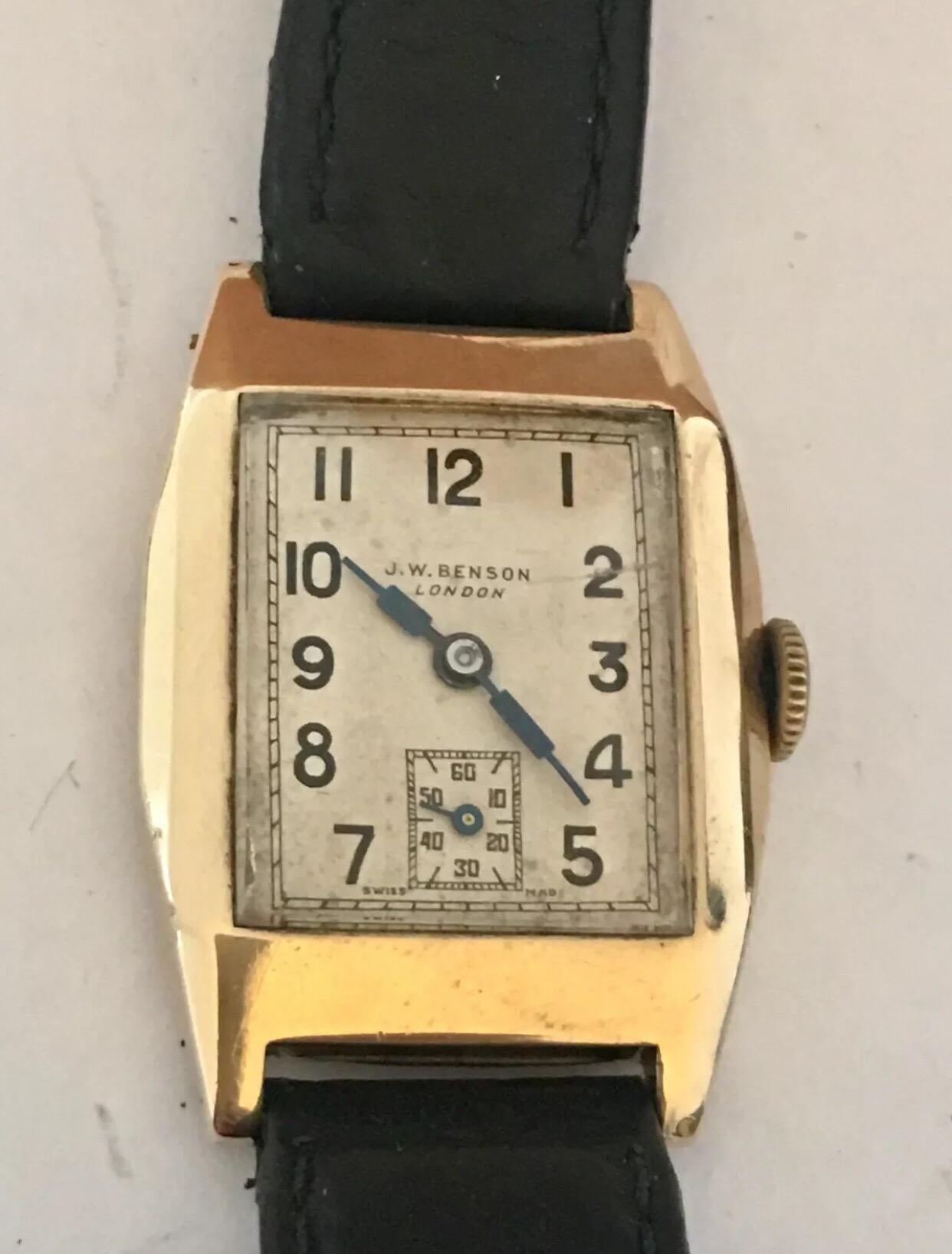 1930s 9K Gold Rectangular Vintage J. W. Benson London Watch 2