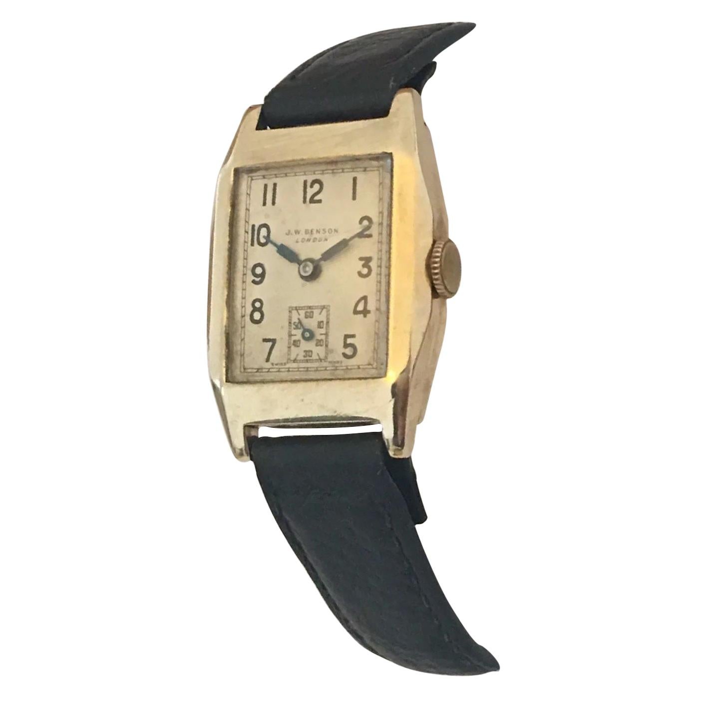 1930s 9K Gold Rectangular Vintage J. W. Benson London Watch