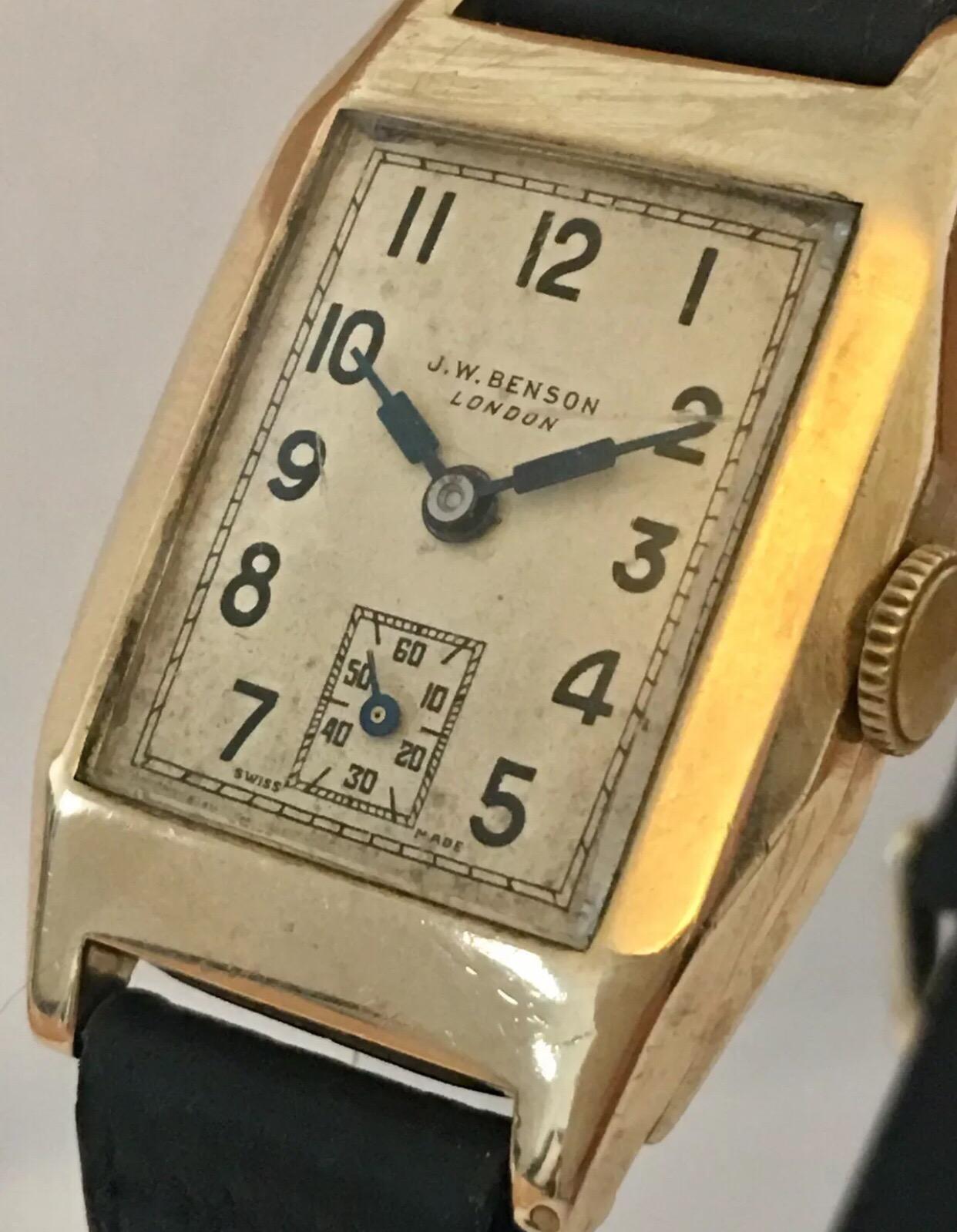 
1930’s 9ct gold rectangular vintage JW Benson watch. This watch is working and ticking well.


The glass near 2 o’clock is cracked,  winder is tarnished as shown. Please study the photos carefully as form part of the description.