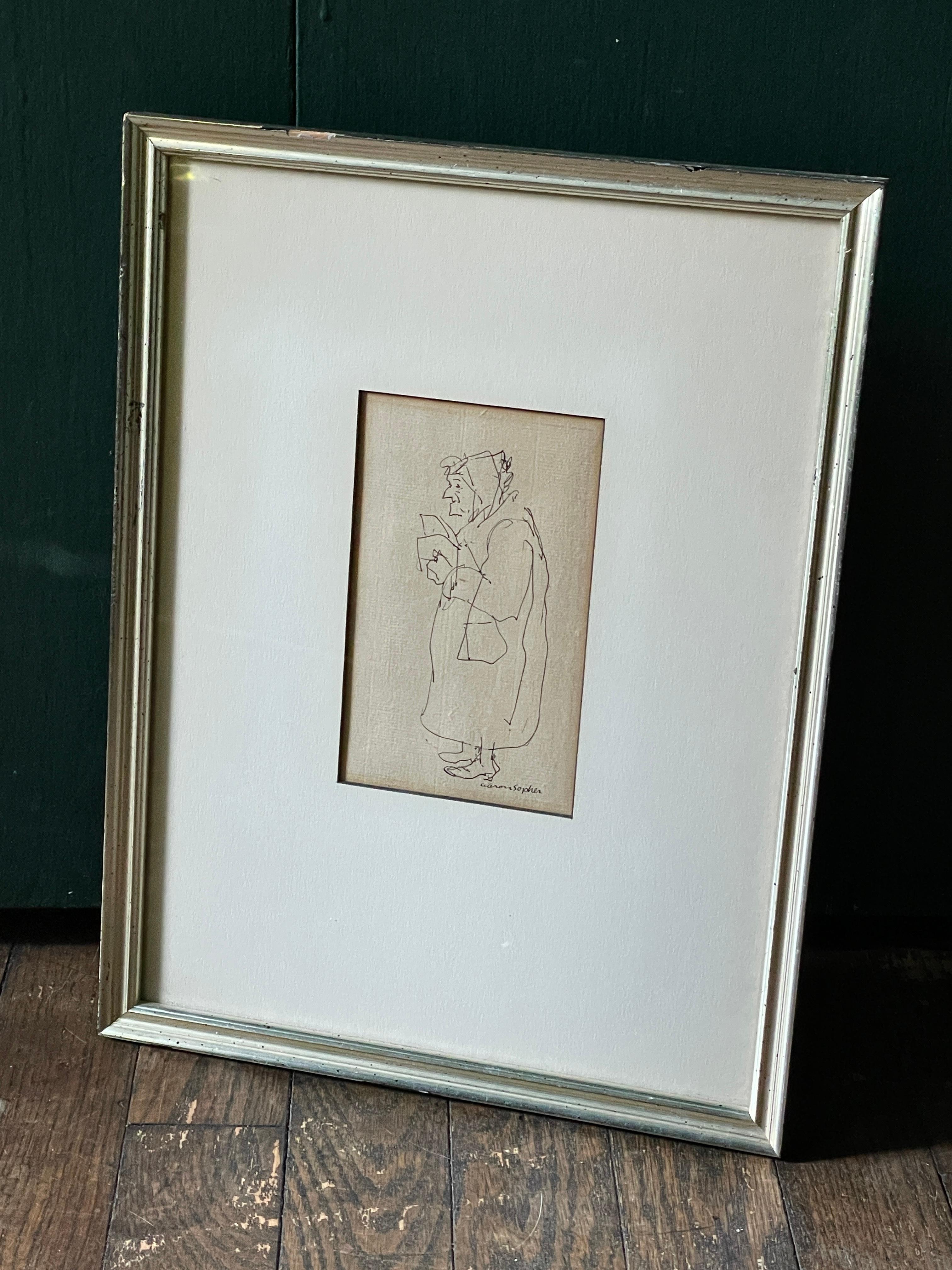 Aaaron Sopher, Dessin à l'encre, Dame en manteau.  Date exacte inconnue.

Cadre L 10.25 x H 13.5 in
Image L 3,5 x H 5,65 in

Aaron Sopher (1905-1972) était un artiste américain connu pour ses représentations de Baltimore, aux États-Unis. Après son