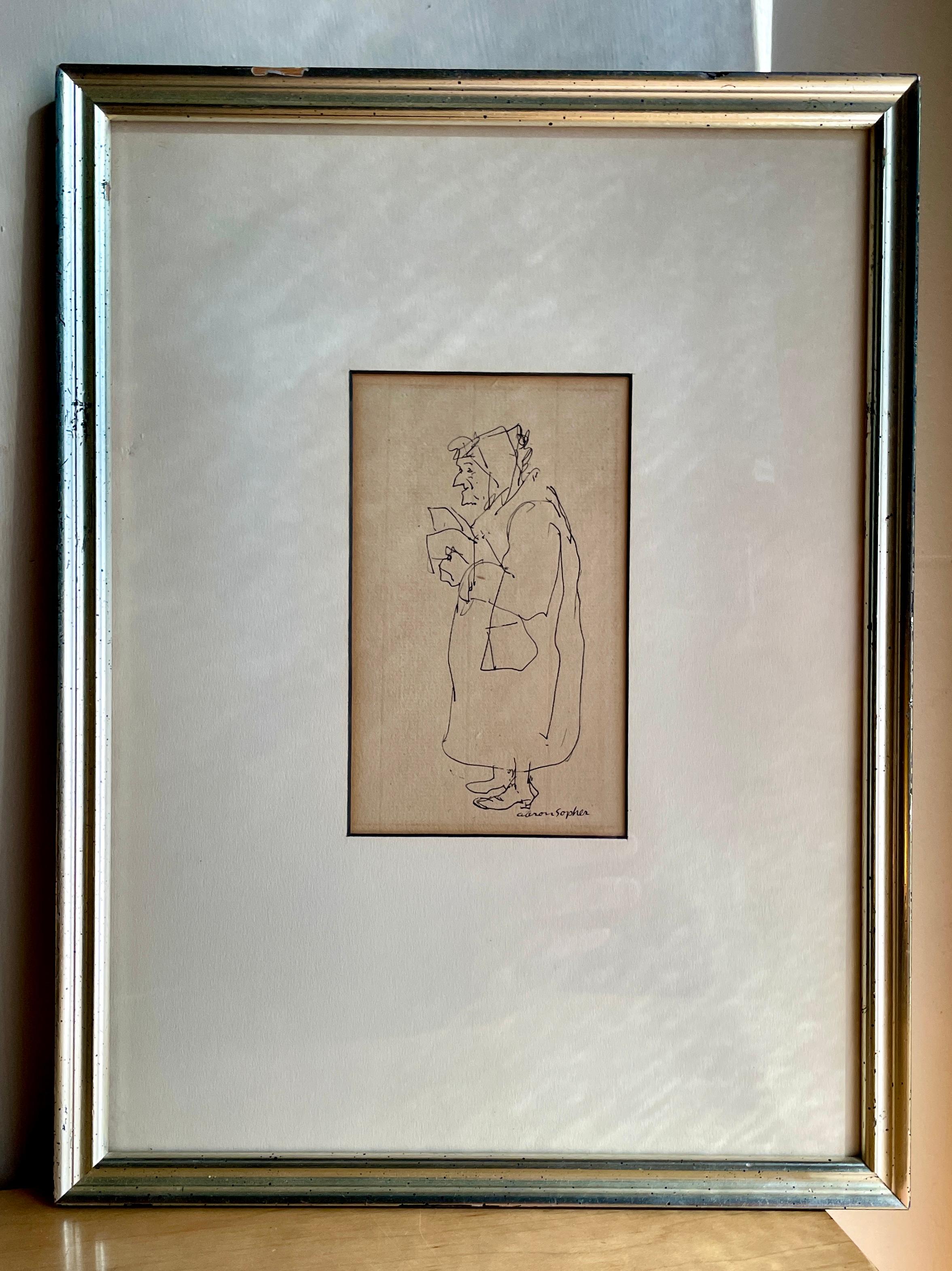 Mid-Century Modern 1930s Aaron Sopher Ink Drawing Original Art, Woman in Coat, New Yorker Artist en vente