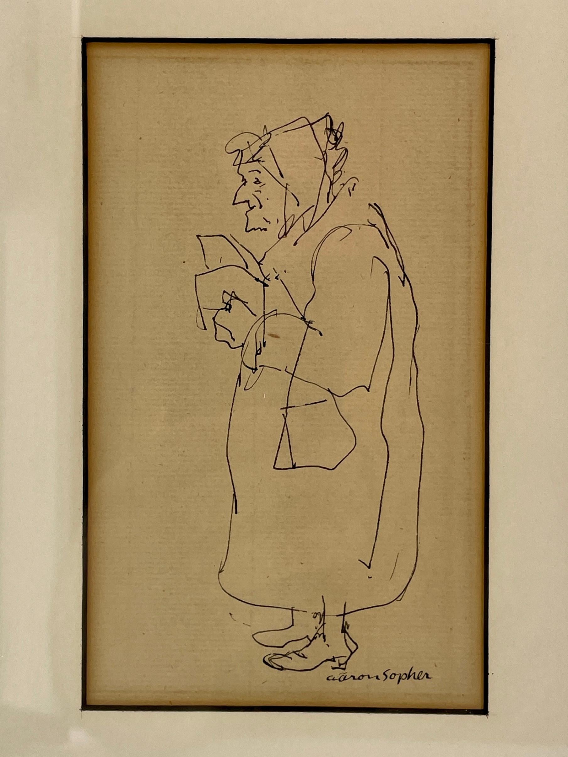 Américain 1930s Aaron Sopher Ink Drawing Original Art, Woman in Coat, New Yorker Artist en vente