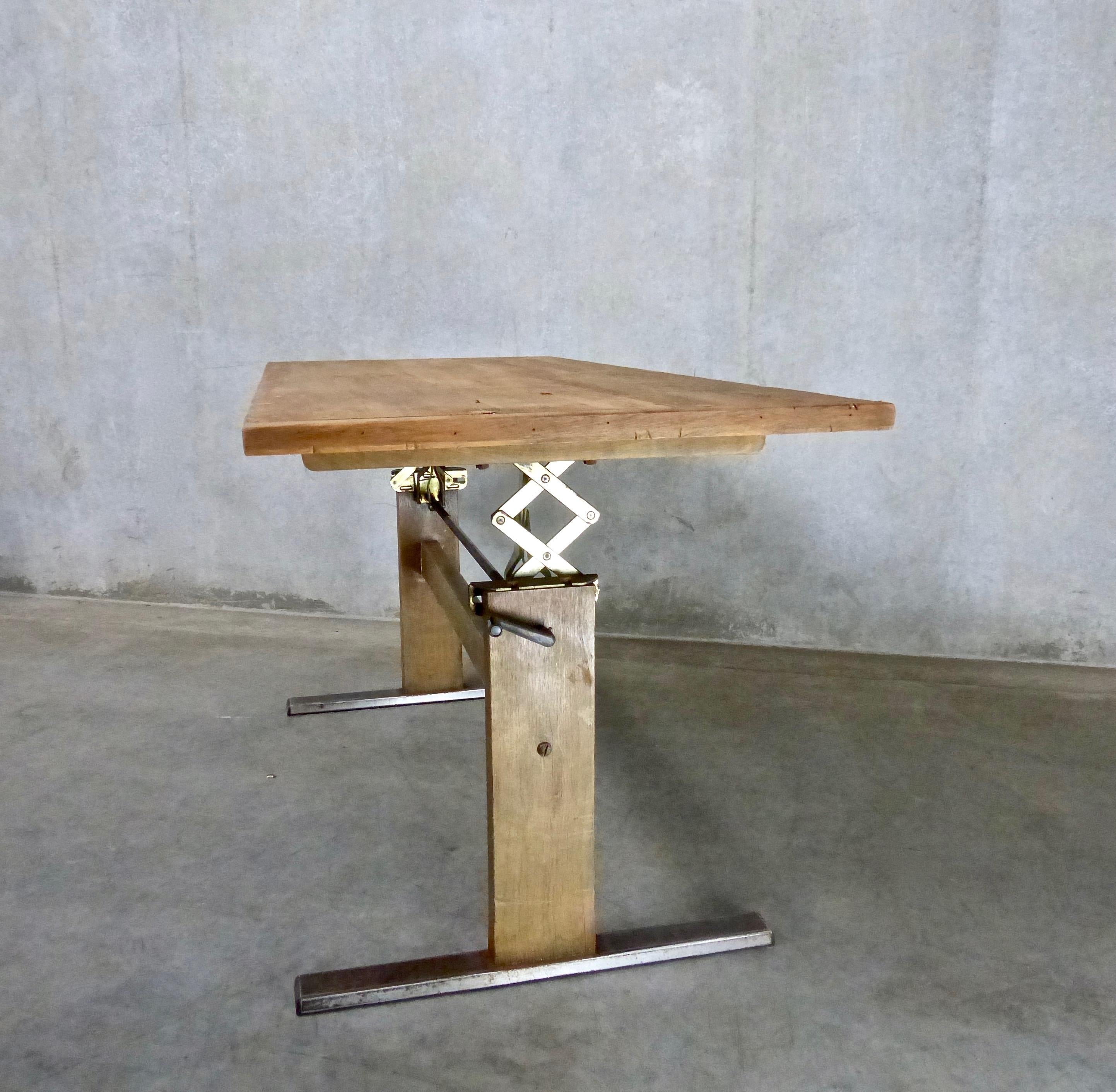 American 1930s Adjustable Height Industrial Wood and Metal Table