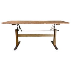 Vintage 1930s Adjustable Height Industrial Wood and Metal Table