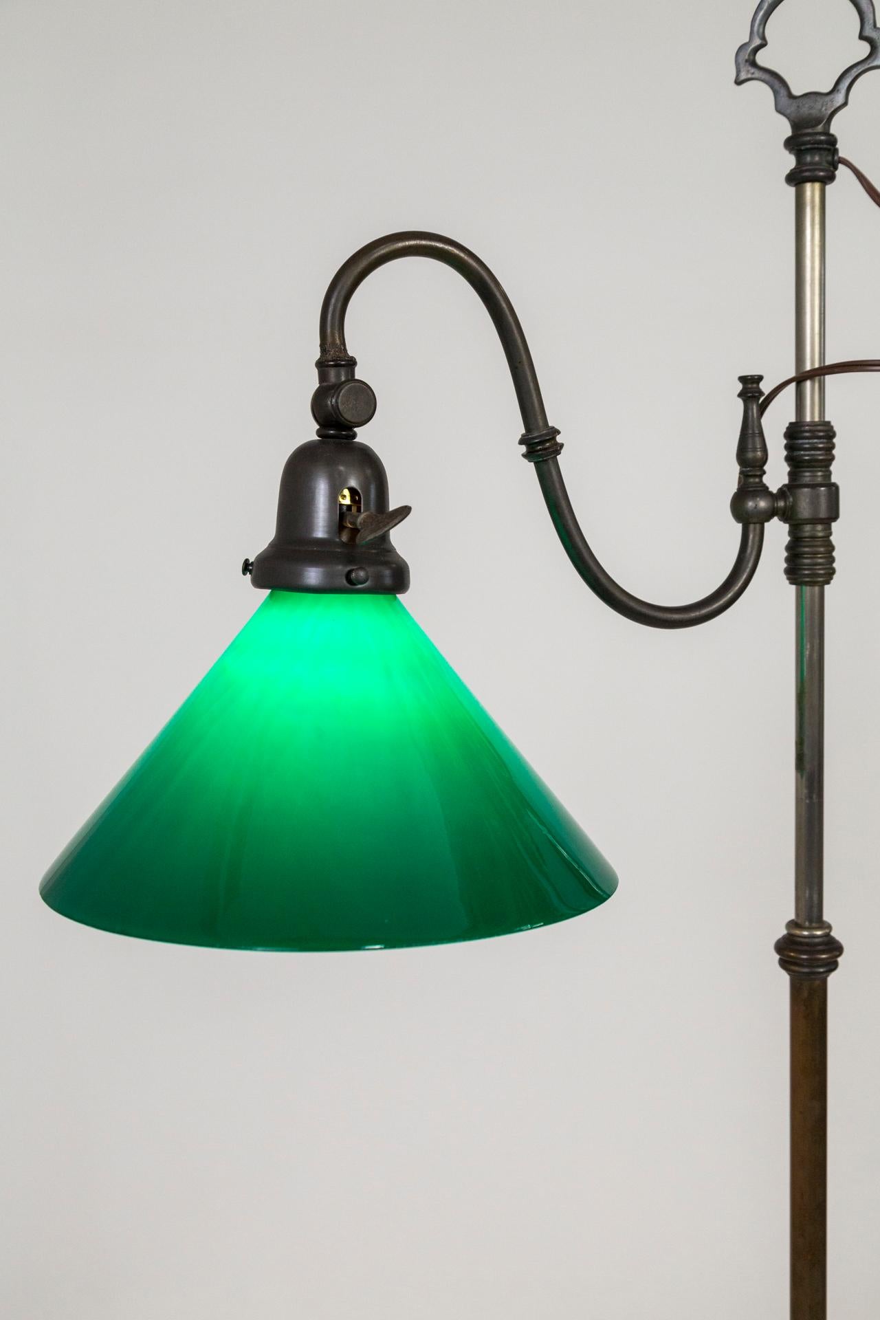 American 1930s Adjustable Paw Foot Floor Lamp with Green Glass Shade