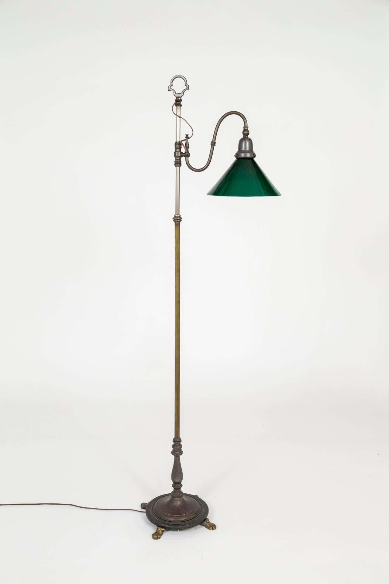 Metal 1930s Adjustable Paw Foot Floor Lamp with Green Glass Shade