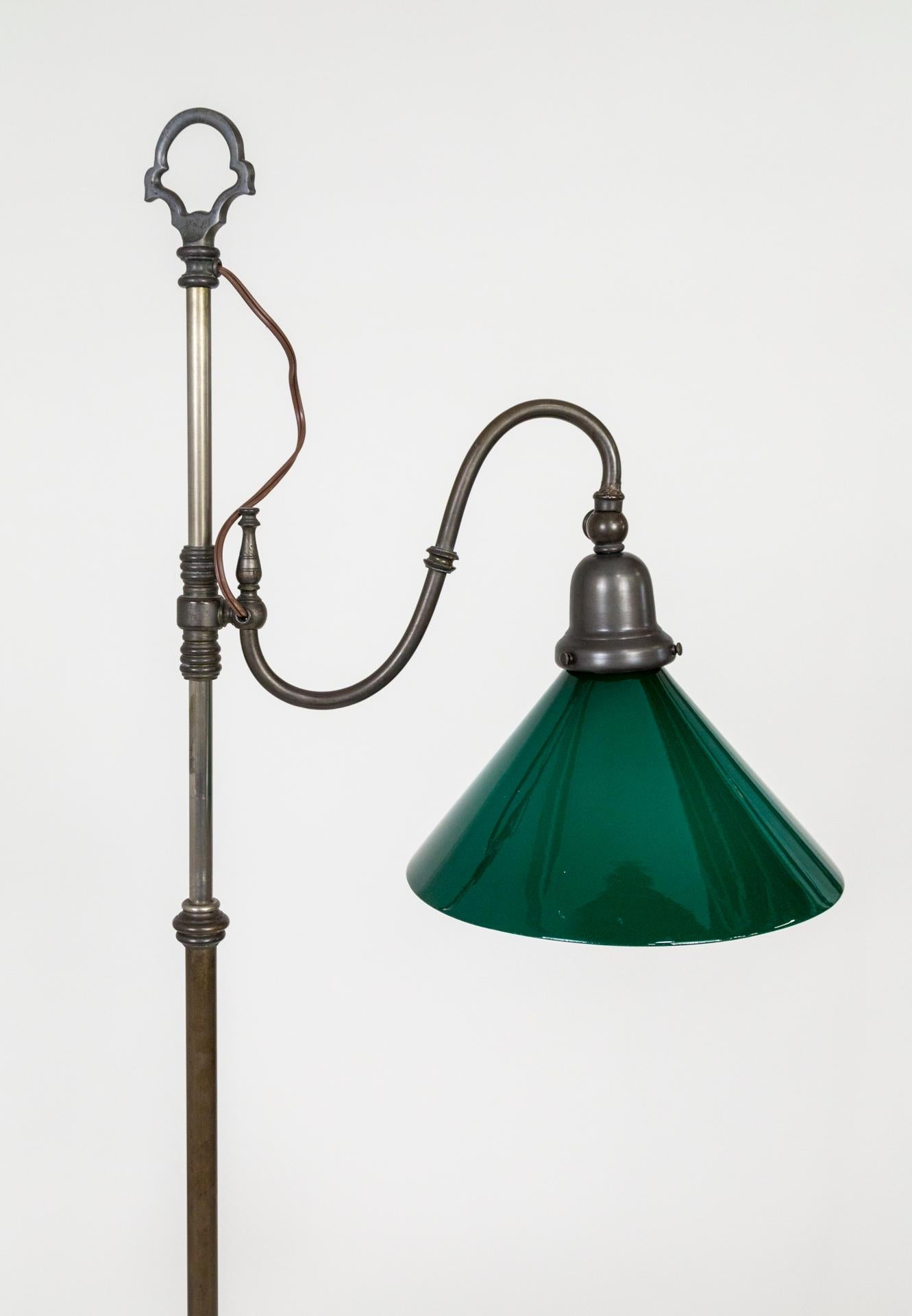 American 1930s Adjustable Paw Foot Floor Lamp with Green Accent Base and Shade