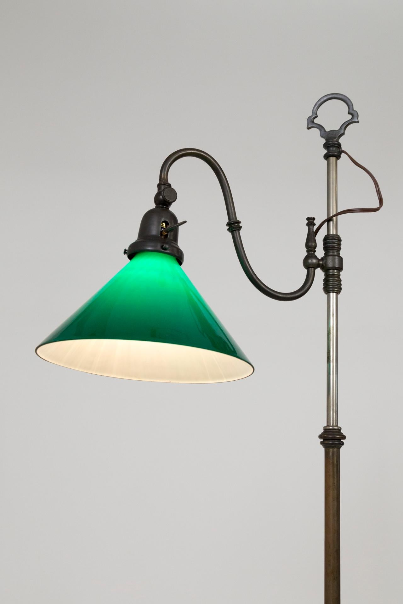 Mid-20th Century 1930s Adjustable Paw Foot Floor Lamp with Green Accent Base and Shade