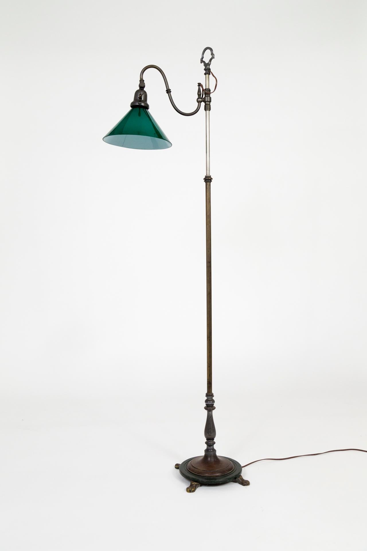 Metal 1930s Adjustable Paw Foot Floor Lamp with Green Accent Base and Shade
