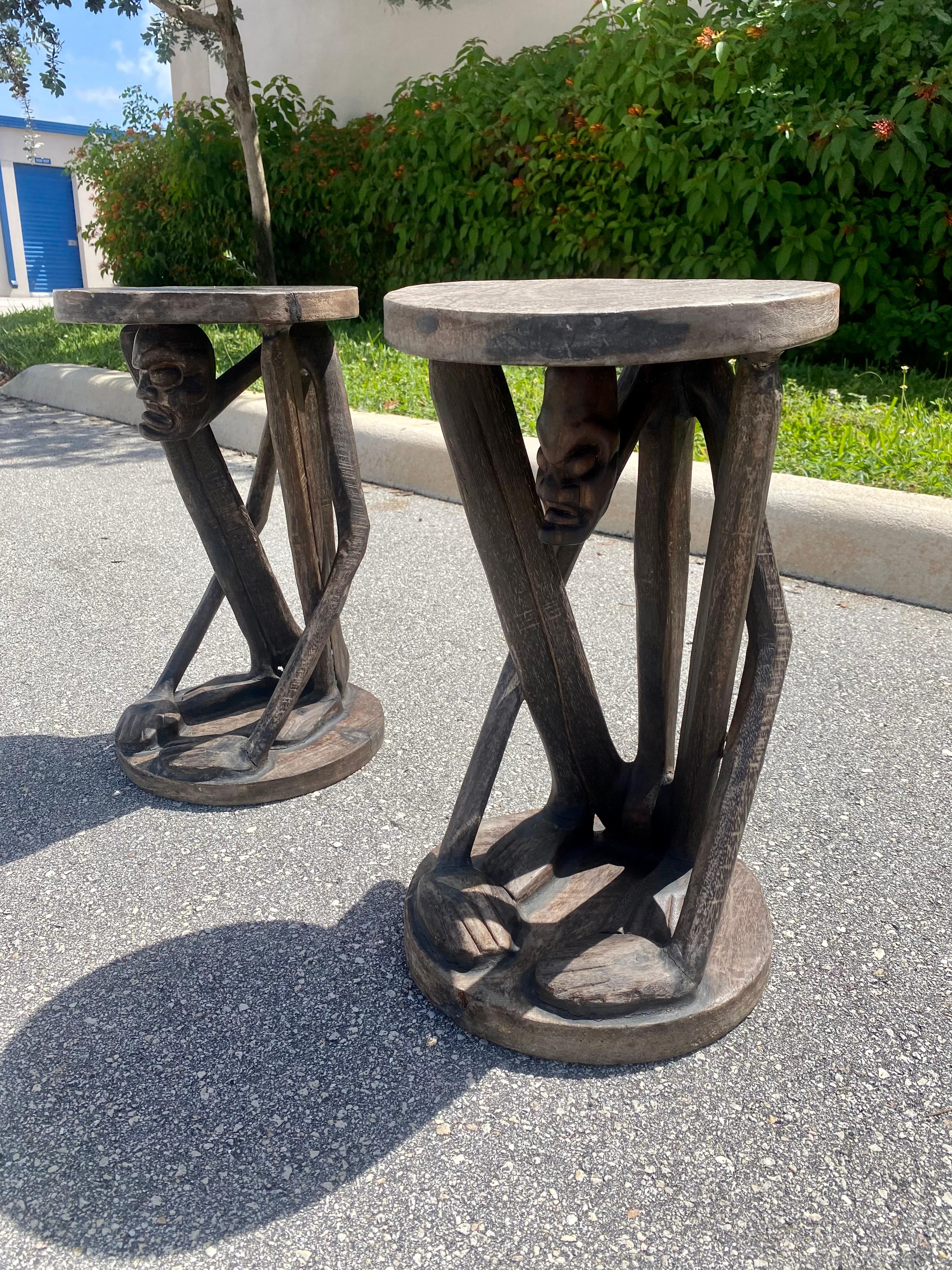1930s African Figurative Folk Art Carved Wood Stools Table, Set of 2 For Sale 4