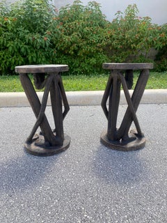 1930s African Figurative Folk Art Carved Wood Stools Table, Set of 2