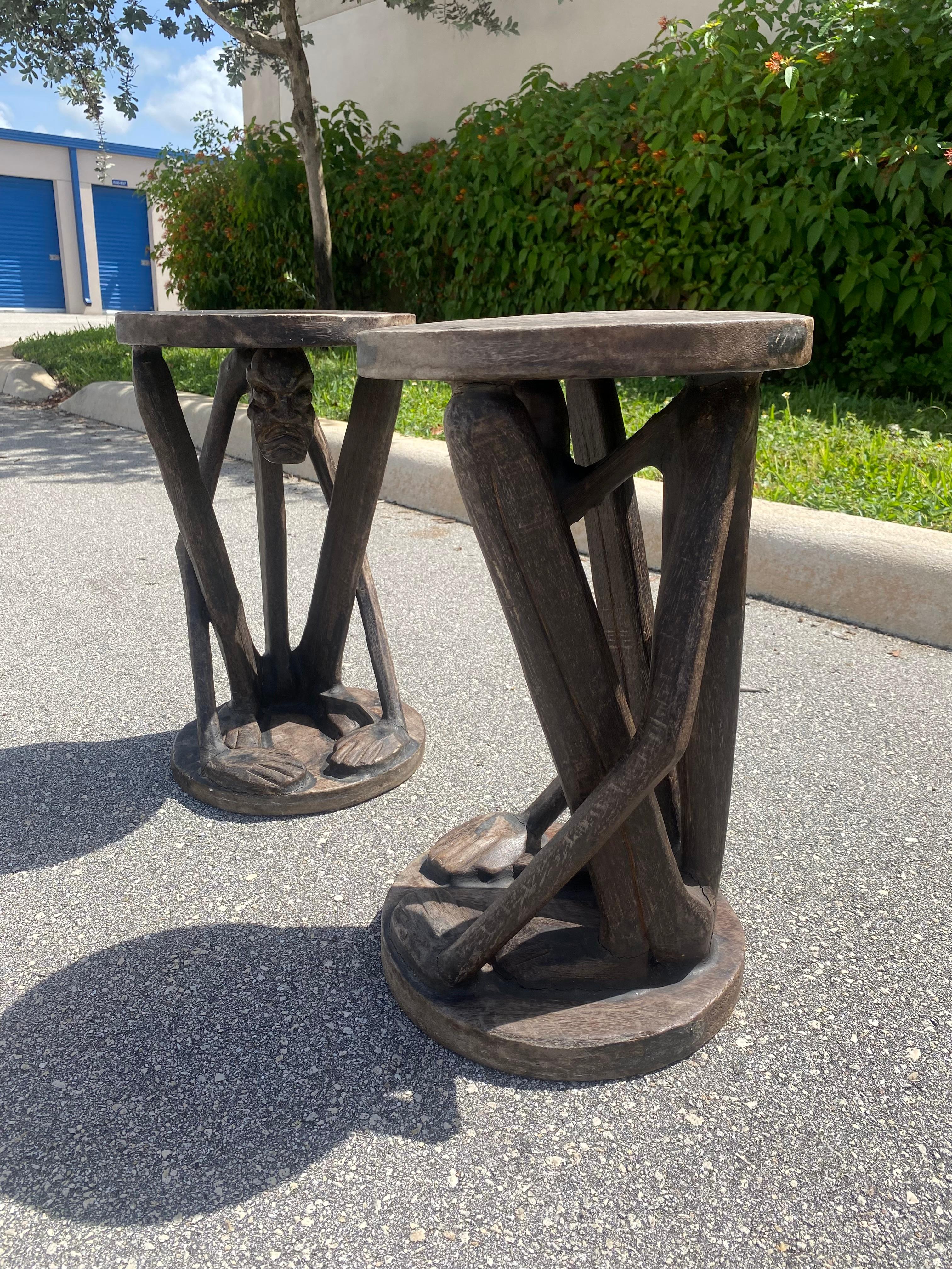 1930s African Figurative Folk Art Carved Wood Stools Table, Set of 2 For Sale 1