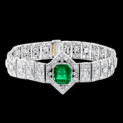 1930's AGL Certified 3.4 Ct Colombian Emerald & 8 Ct Diamond Platinum Bracelet