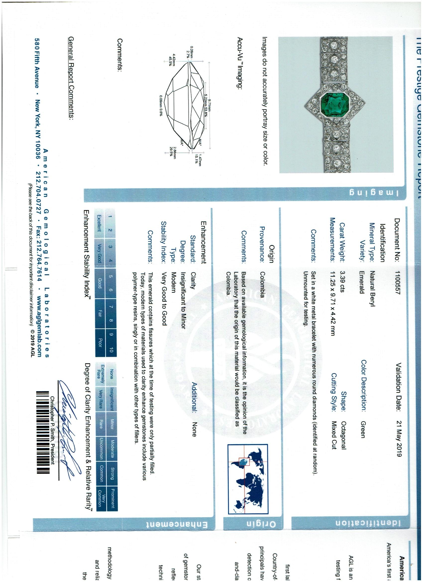 Platinarmband, AGL-zertifizierter 3.4 Karat kolumbianischer Smaragd & 8 Karat Diamant, 1930er Jahre im Zustand „Hervorragend“ im Angebot in New York, NY