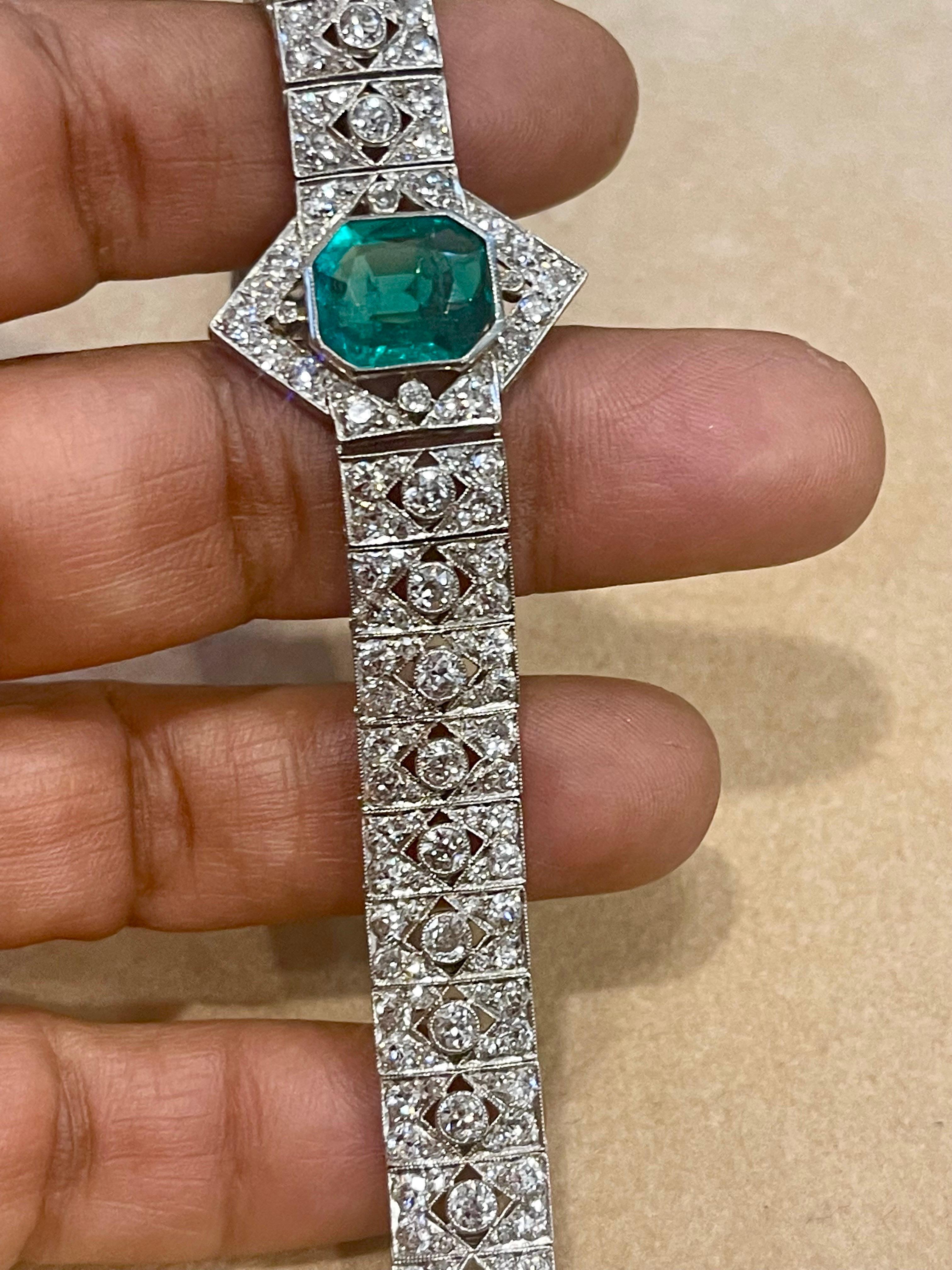 1930's AGL Certified 3.4 Ct Colombian Emerald & 8 Ct Diamond Platinum Bracelet For Sale 1