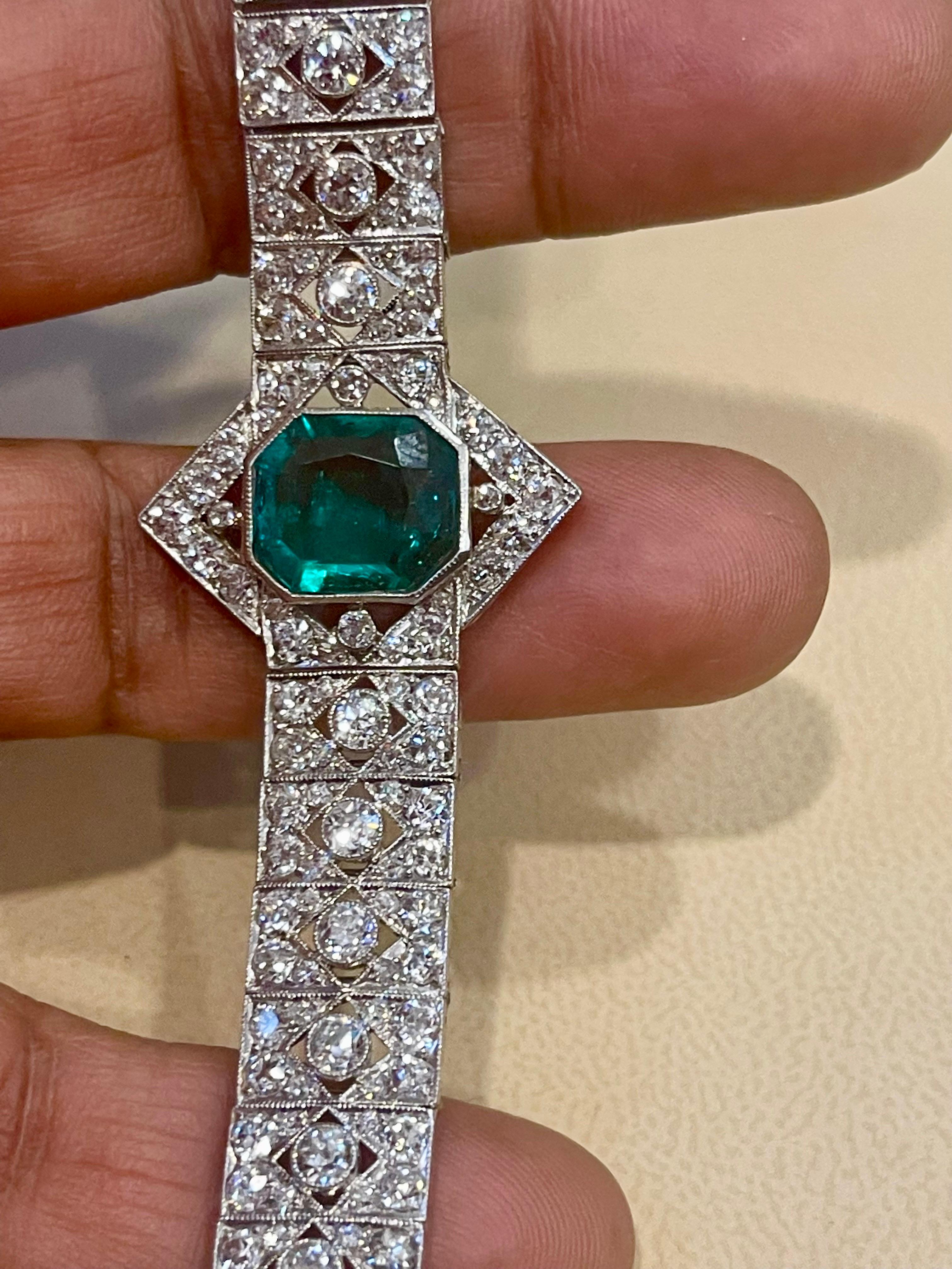 1930's AGL Certified 3.4 Ct Colombian Emerald & 8 Ct Diamond Platinum Bracelet For Sale 2