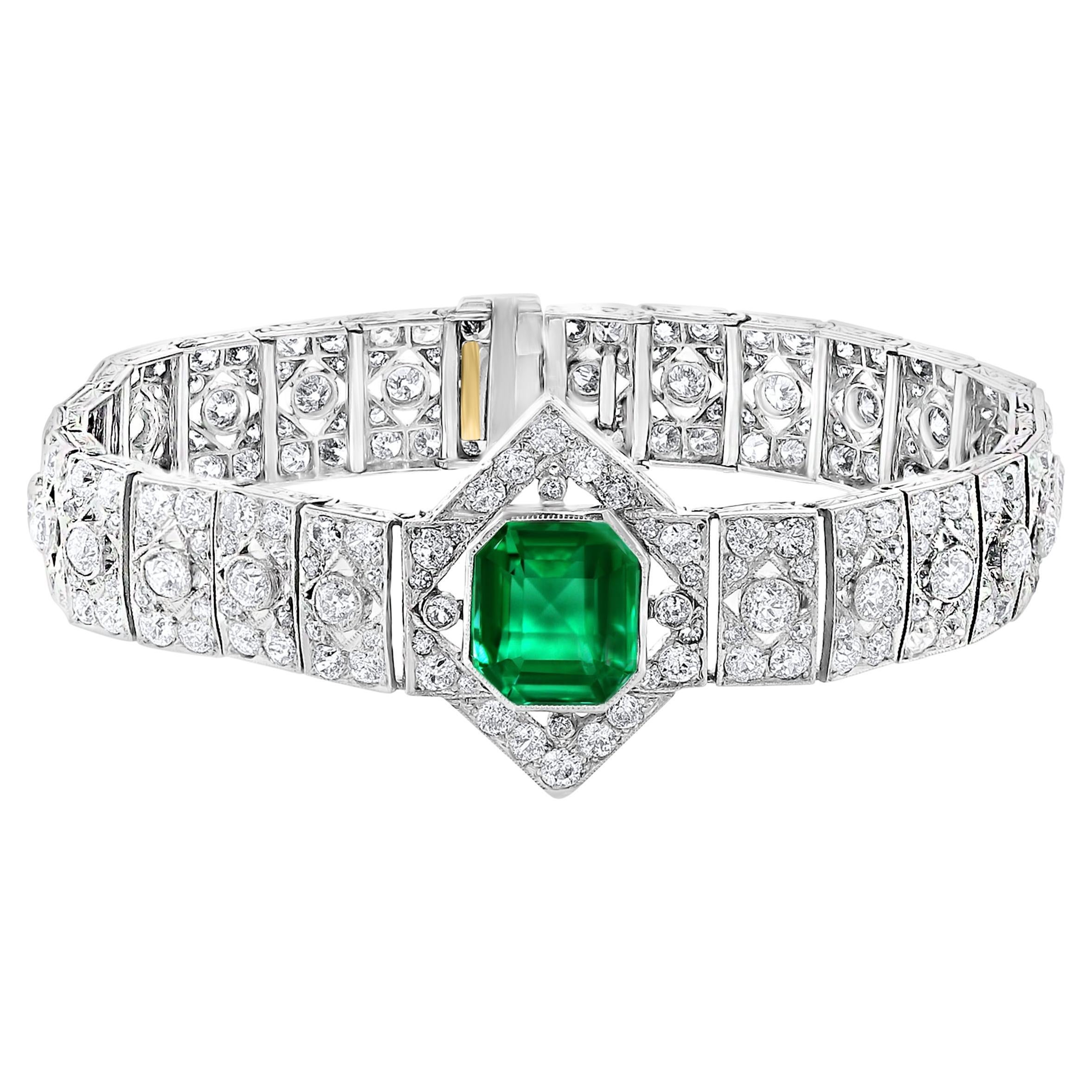 1930's AGL Certified 3.4 Ct Colombian Emerald & 8 Ct Diamond Platinum Bracelet For Sale
