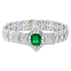 1930's AGL Certified 3.4 Ct Colombian Emerald & 8 Ct Diamond Platinum Bracelet