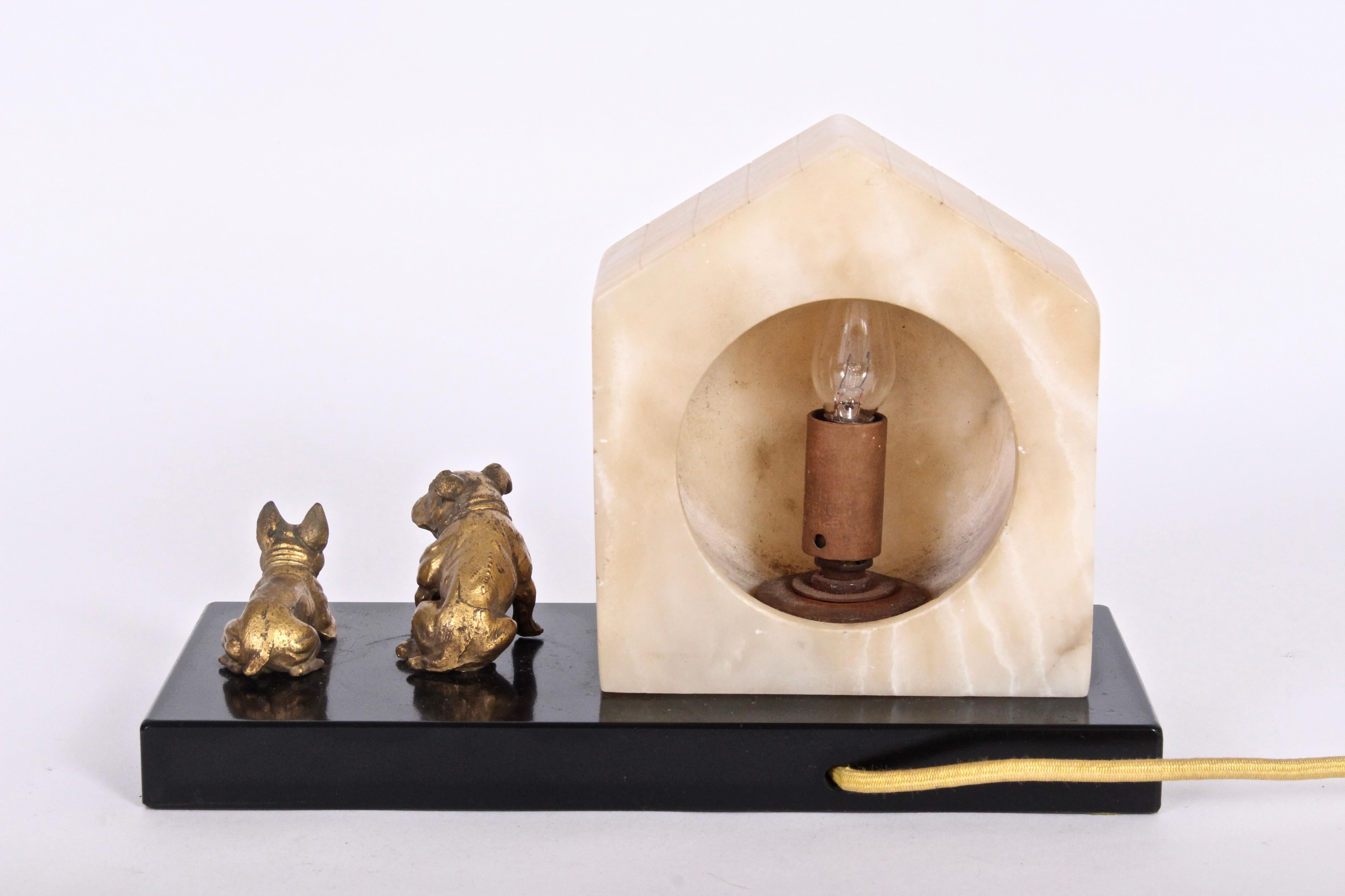 American Alabaster and Slate Dog House Lamp with Bronze Bull Dogs, 1930's