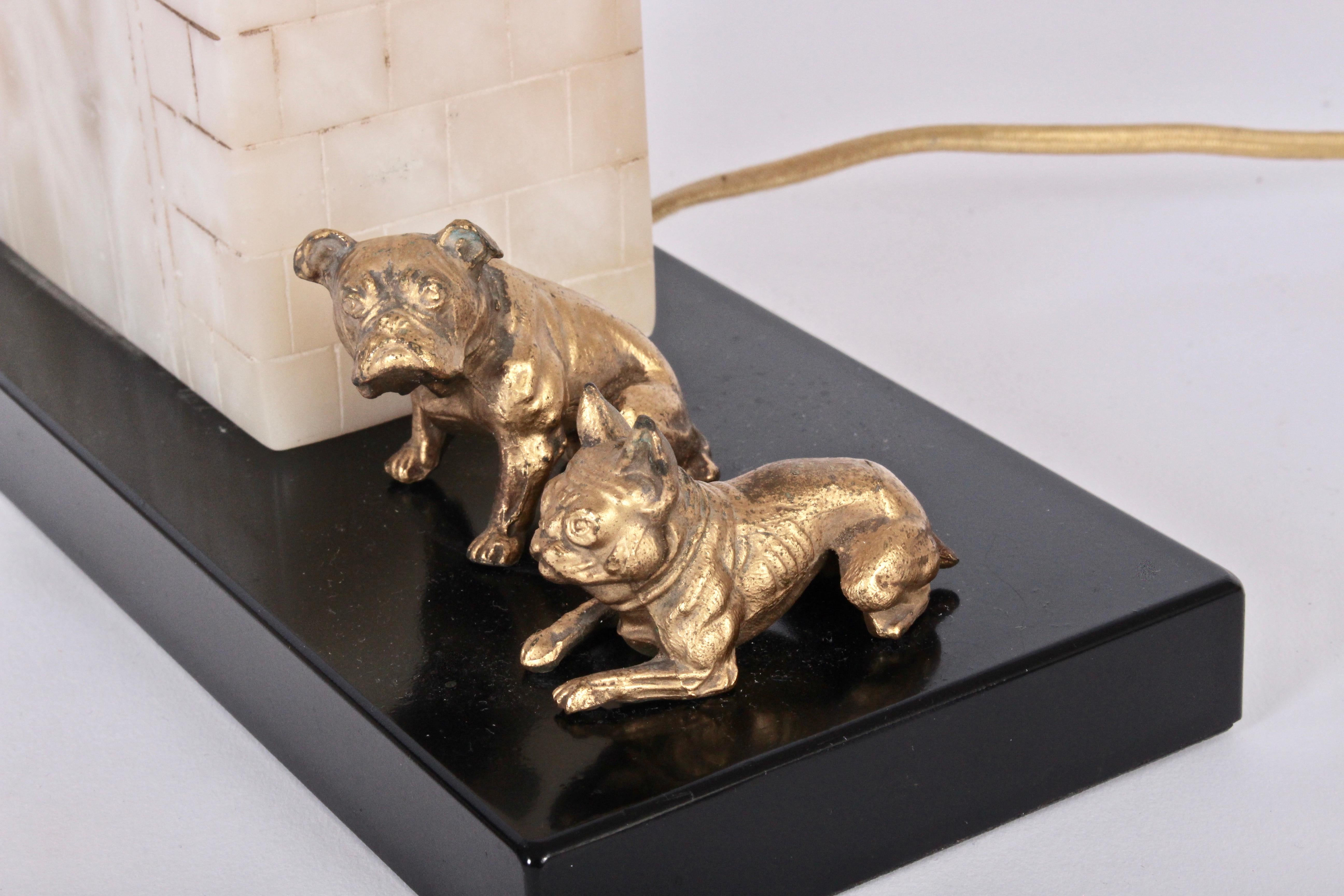 Mid-20th Century Alabaster and Slate Dog House Lamp with Bronze Bull Dogs, 1930's