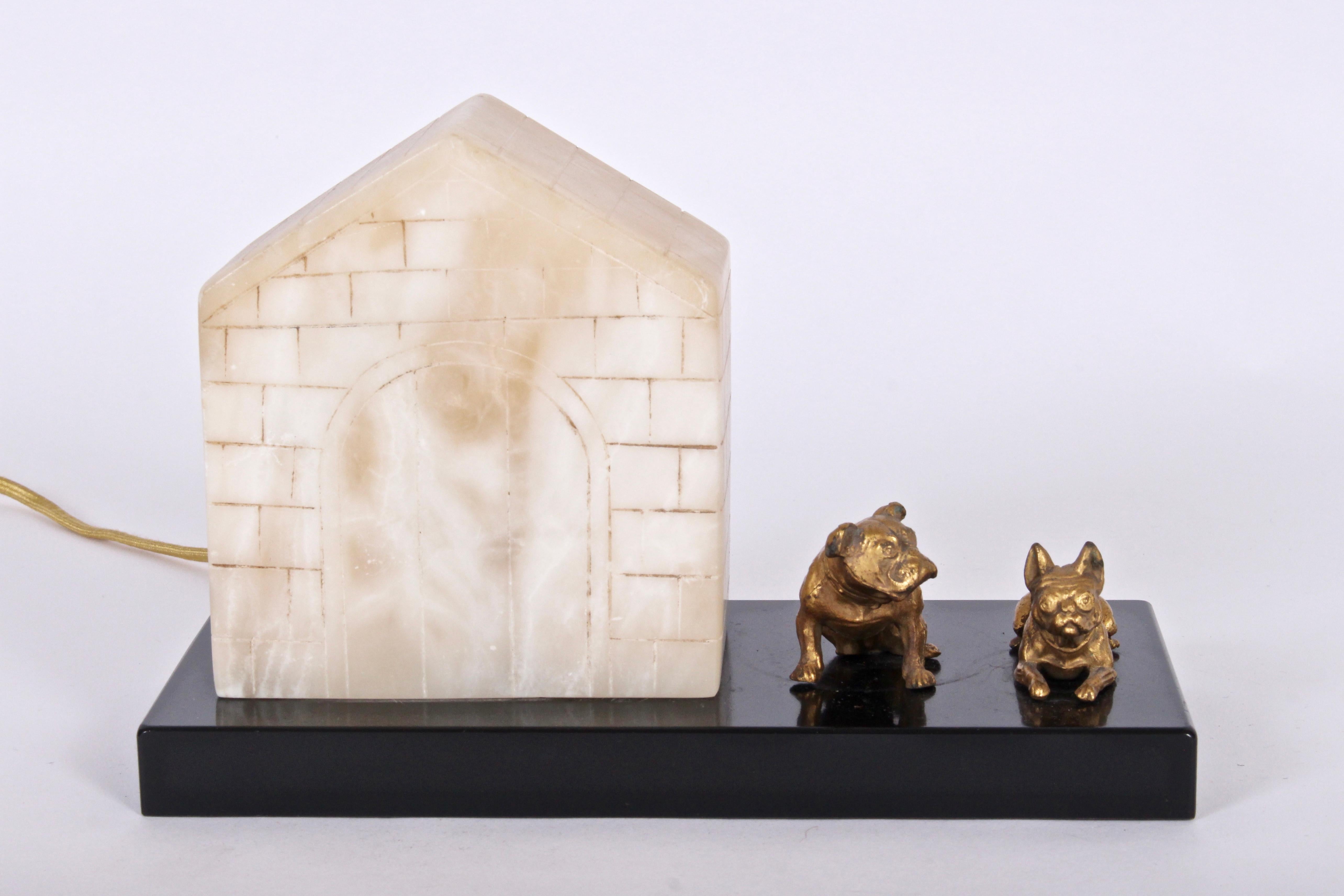 Alabaster and Slate Dog House Lamp with Bronze Bull Dogs, 1930's 2