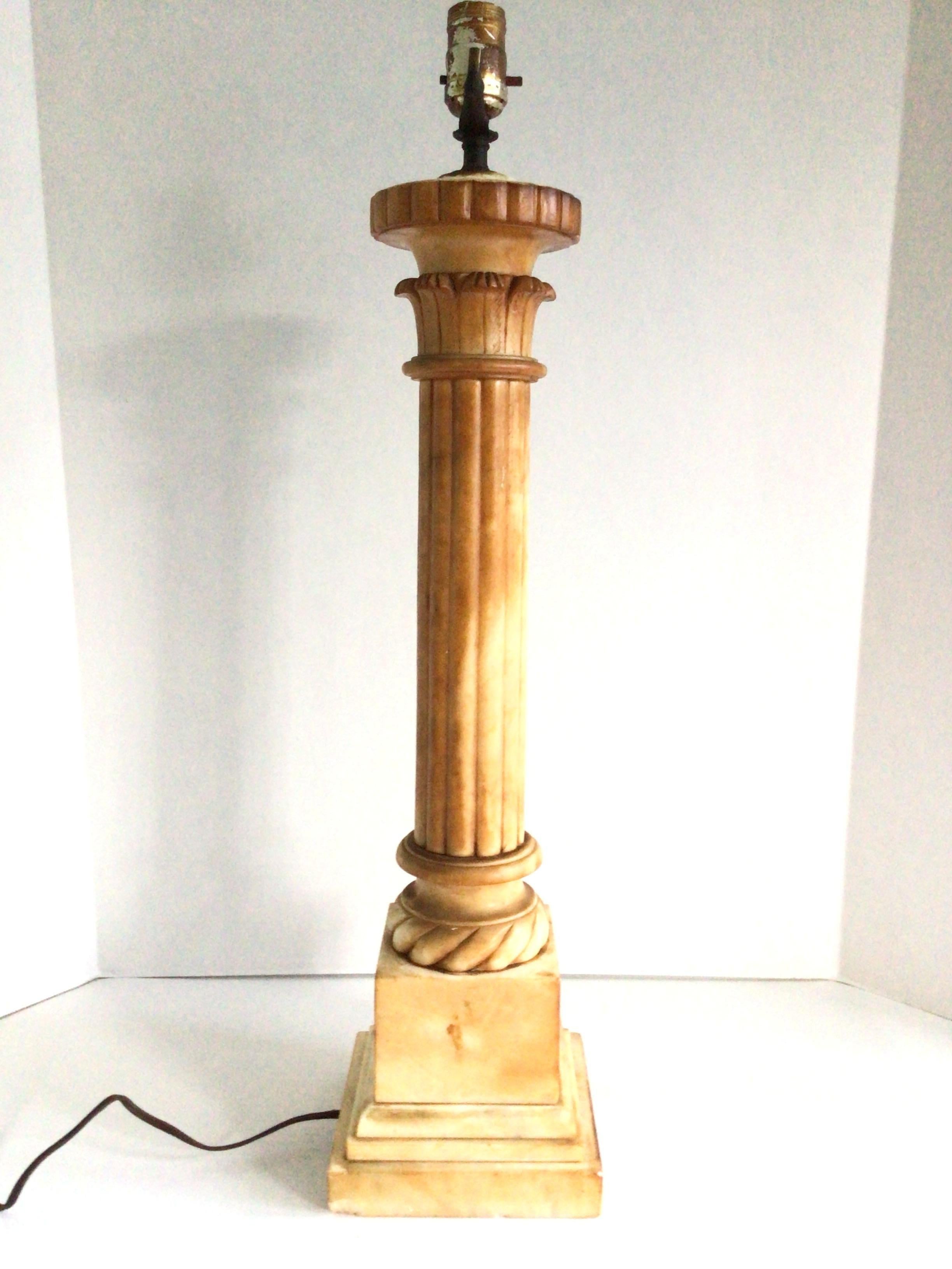 Painted 1930s Alabaster Patinated Beige Column Lamp For Sale