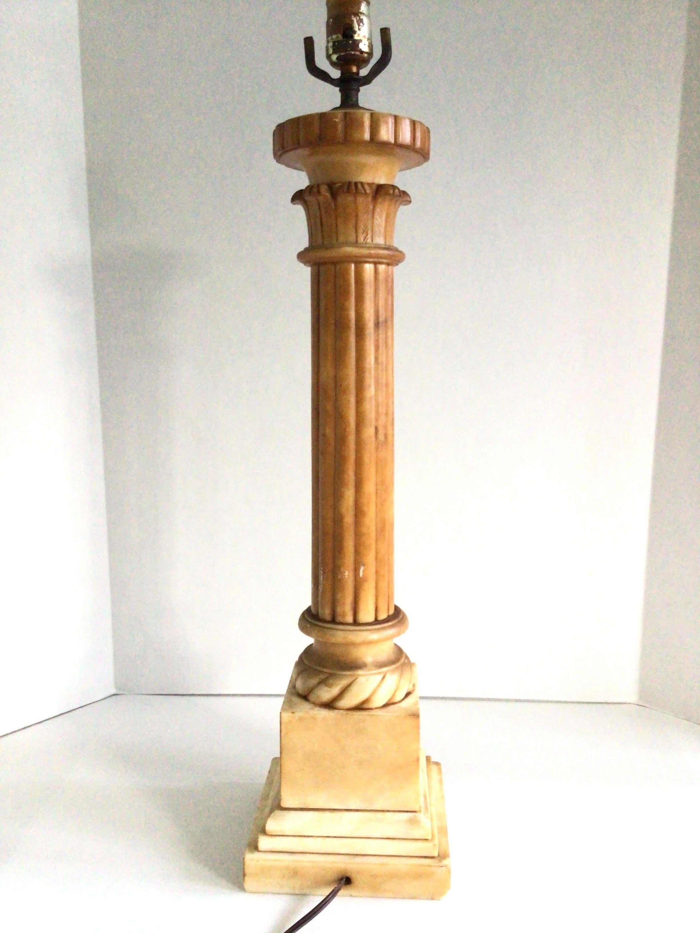 1930s Alabaster Patinated Beige Column Lamp In Good Condition For Sale In Tarrytown, NY