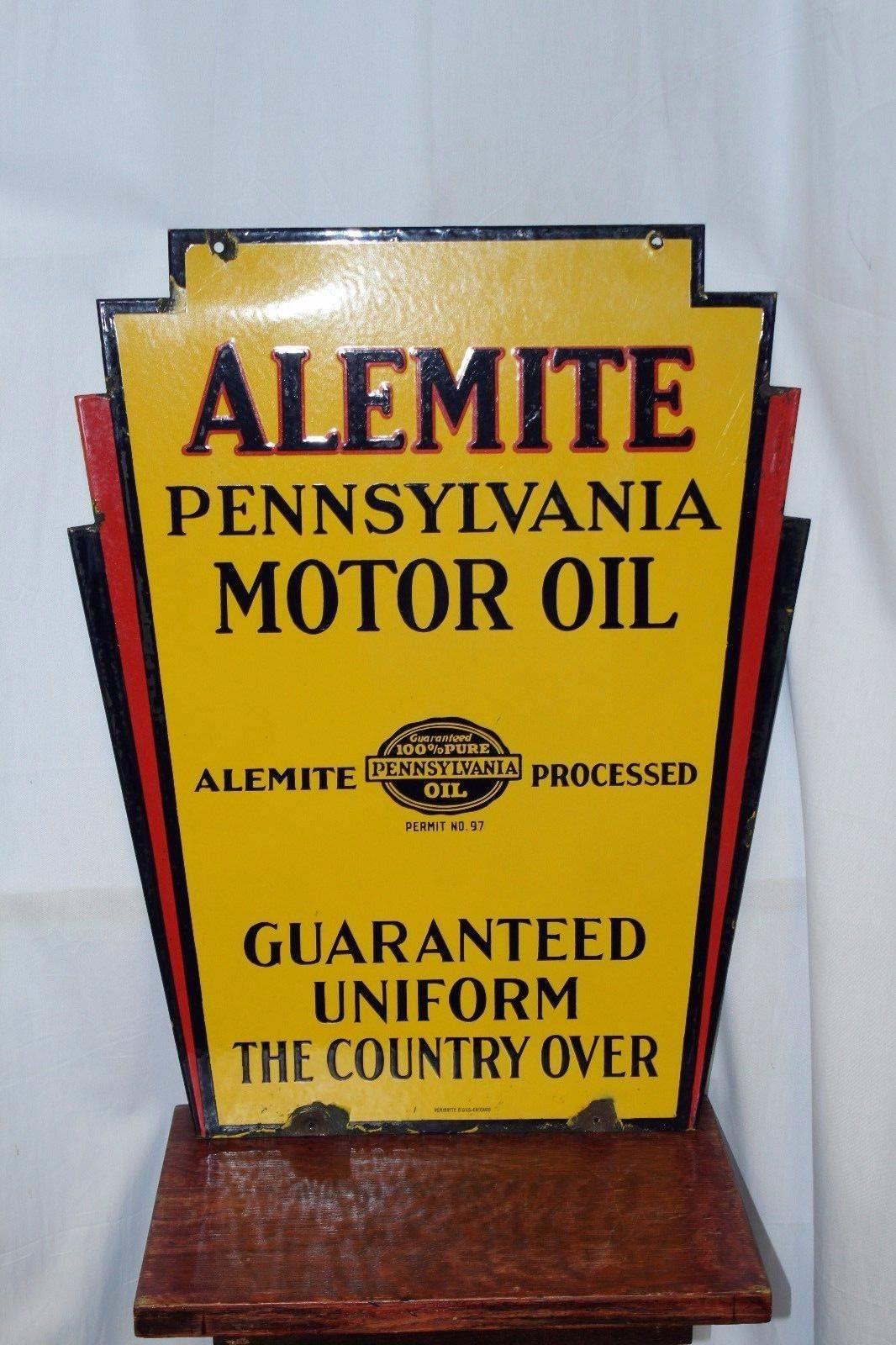 American 1930s Alemite Pennsylvania Motor Oil Double Sided Porcelain Art Deco Sign For Sale