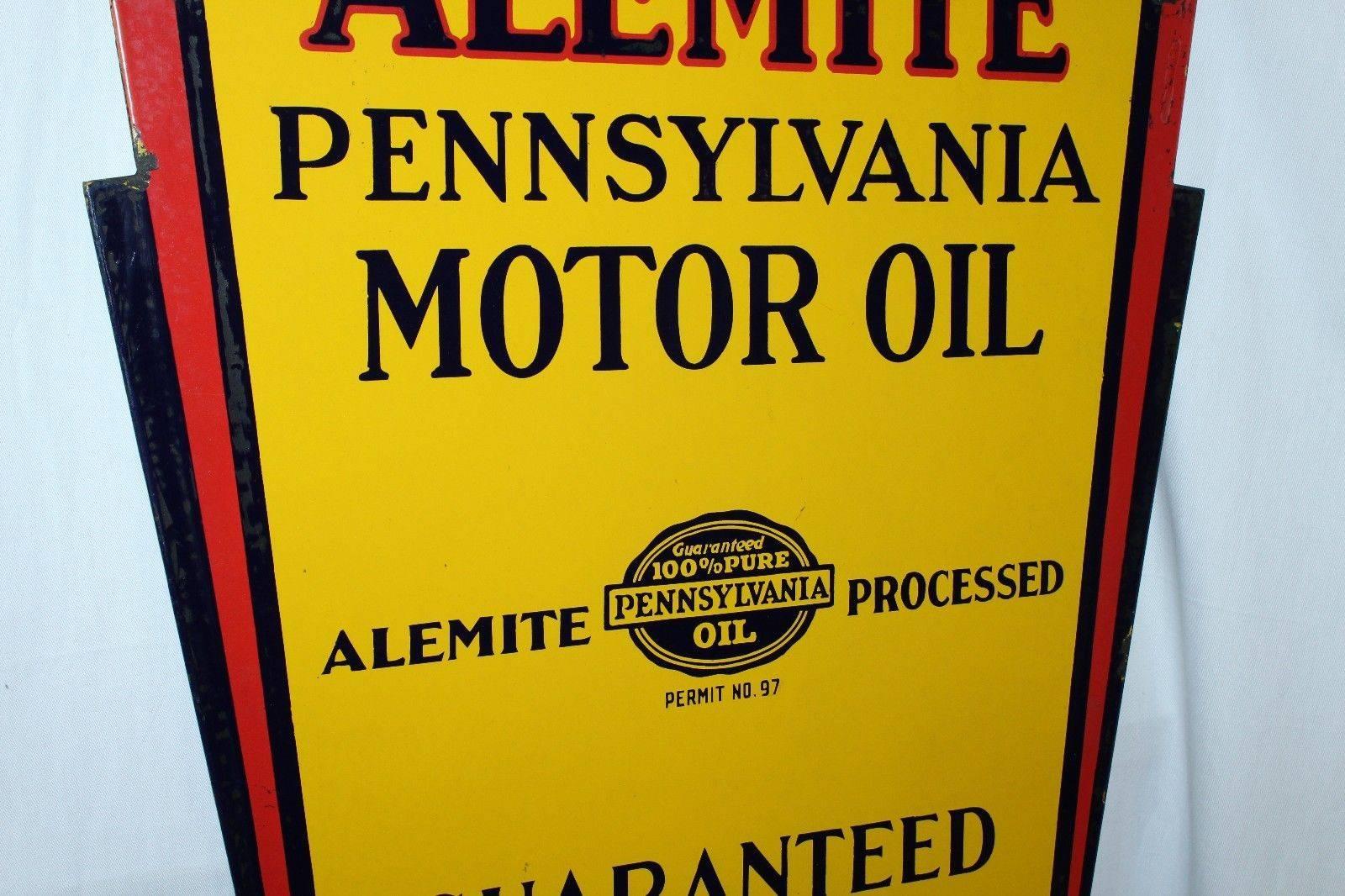 Mid-20th Century 1930s Alemite Pennsylvania Motor Oil Double Sided Porcelain Art Deco Sign For Sale
