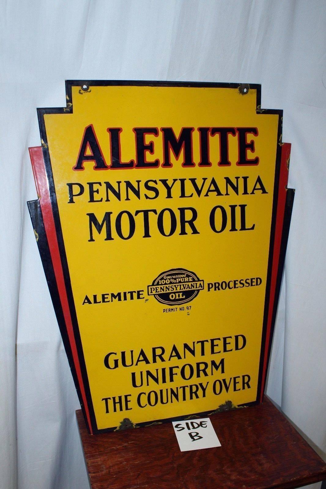 1930s Alemite Pennsylvania Motor Oil Double Sided Porcelain Art Deco Sign For Sale 1