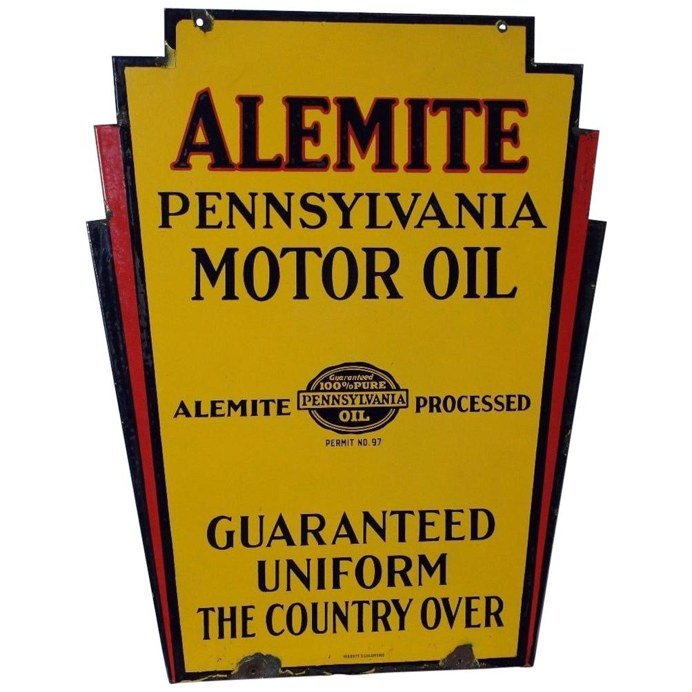 1930s Alemite Pennsylvania Motor Oil Double Sided Porcelain Art Deco Sign For Sale