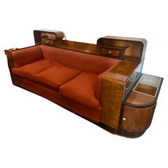 Magnifique canapé italien Art Déco en noyer des années 1930 avec meuble de bar