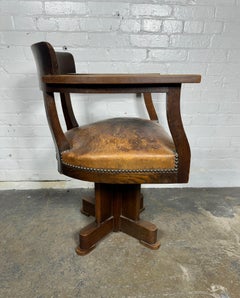 1930's American Art Deco Oak and Leather swivel desk chair / F.L.W. inspired