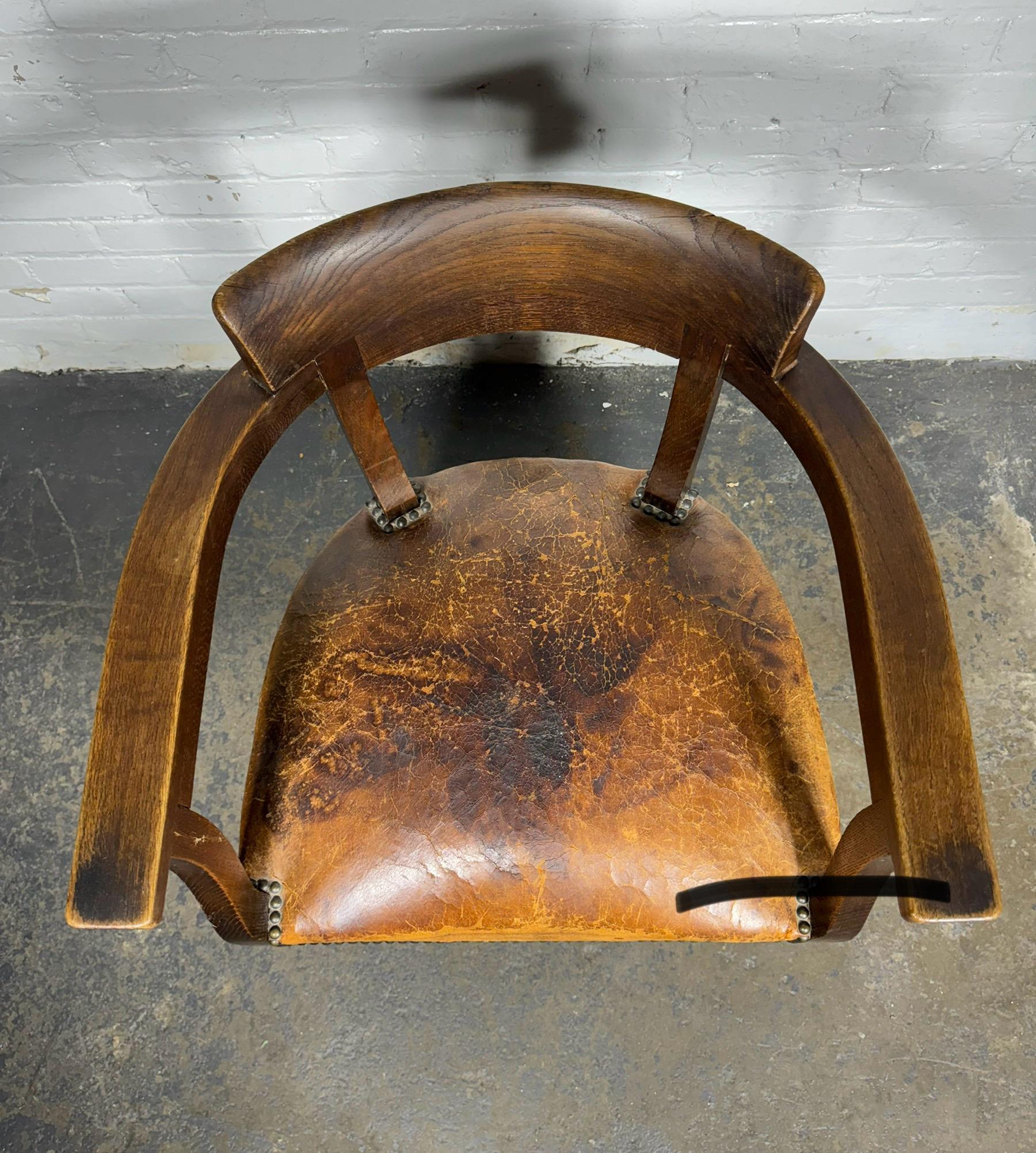 Mid-20th Century 1930's American Art Deco Oak and Leather swivel desk chair / F.L.W. inspired For Sale